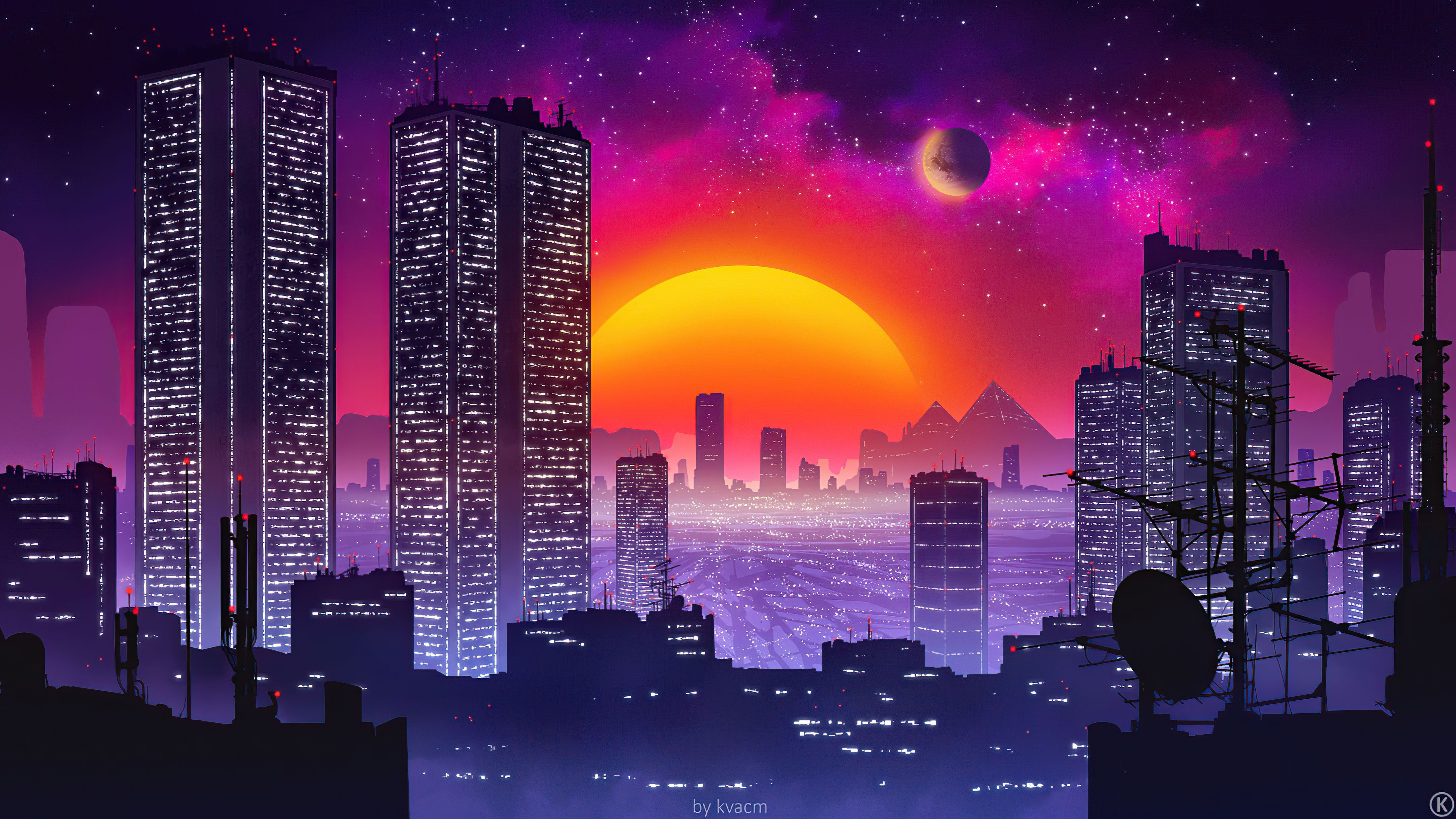 Retrowave, Skyline, Sonnenuntergang, Pyramiden, Lila, 5K, Desktop-Hintergrund für Windows