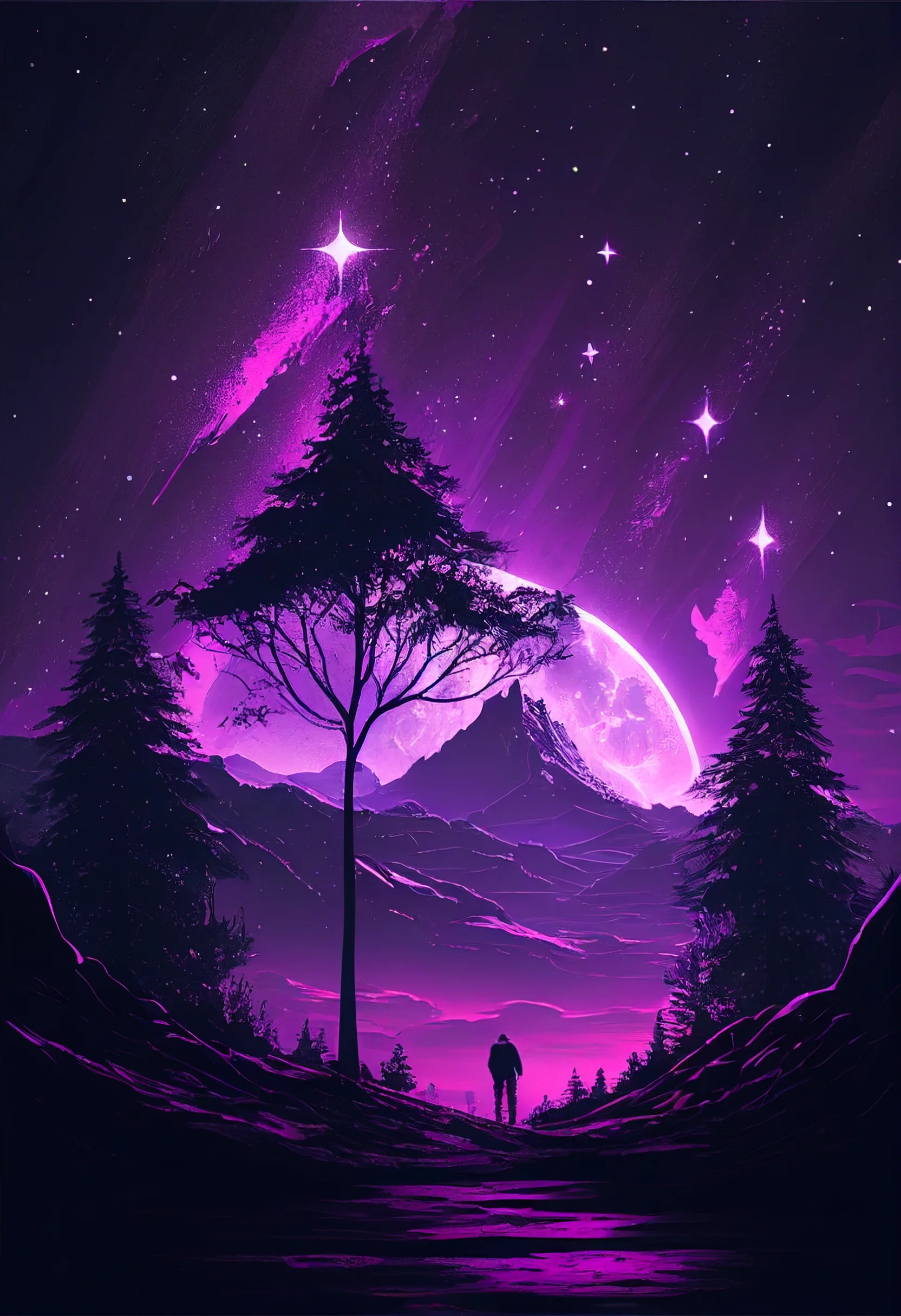 Baum, Sterne, Nachthimmel, Lila, Digitale Kunst, QHD+, Hintergrundbild fürs Tablet