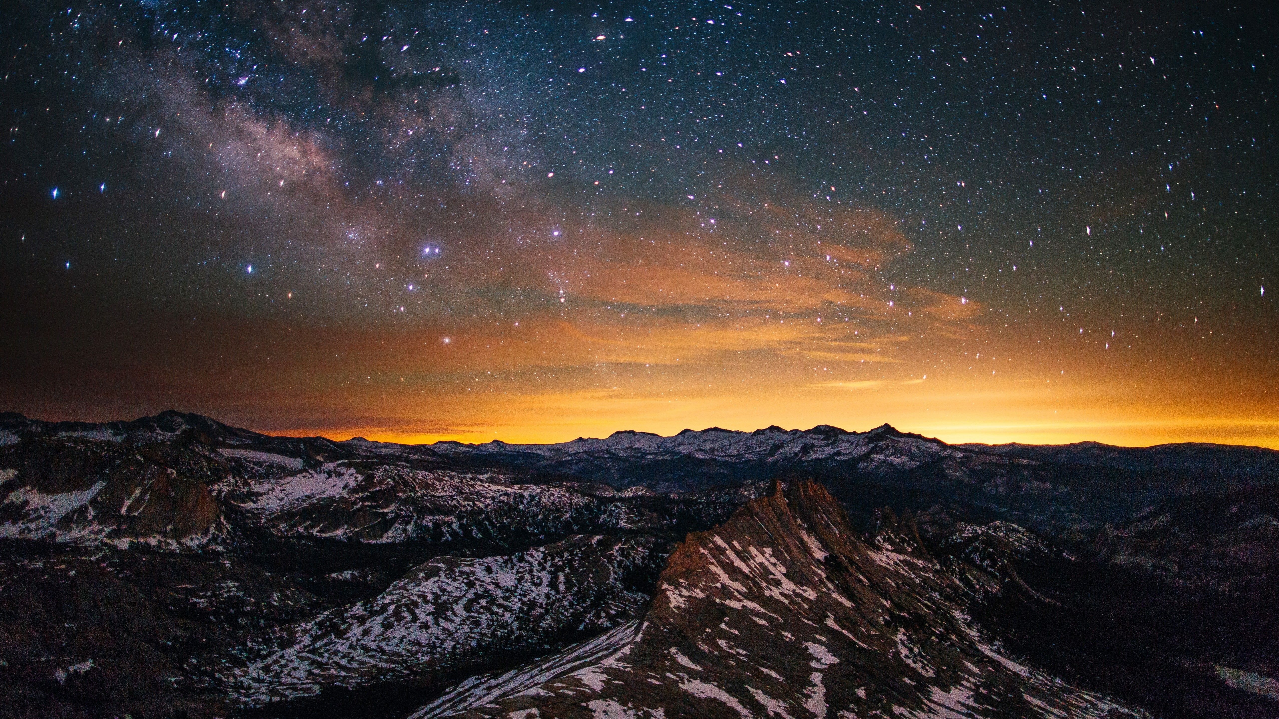 Sternenhimmel, Milchstraße, Berge, Dämmerung, 16:9, 5K-Hintergrundbild für den Desktop
