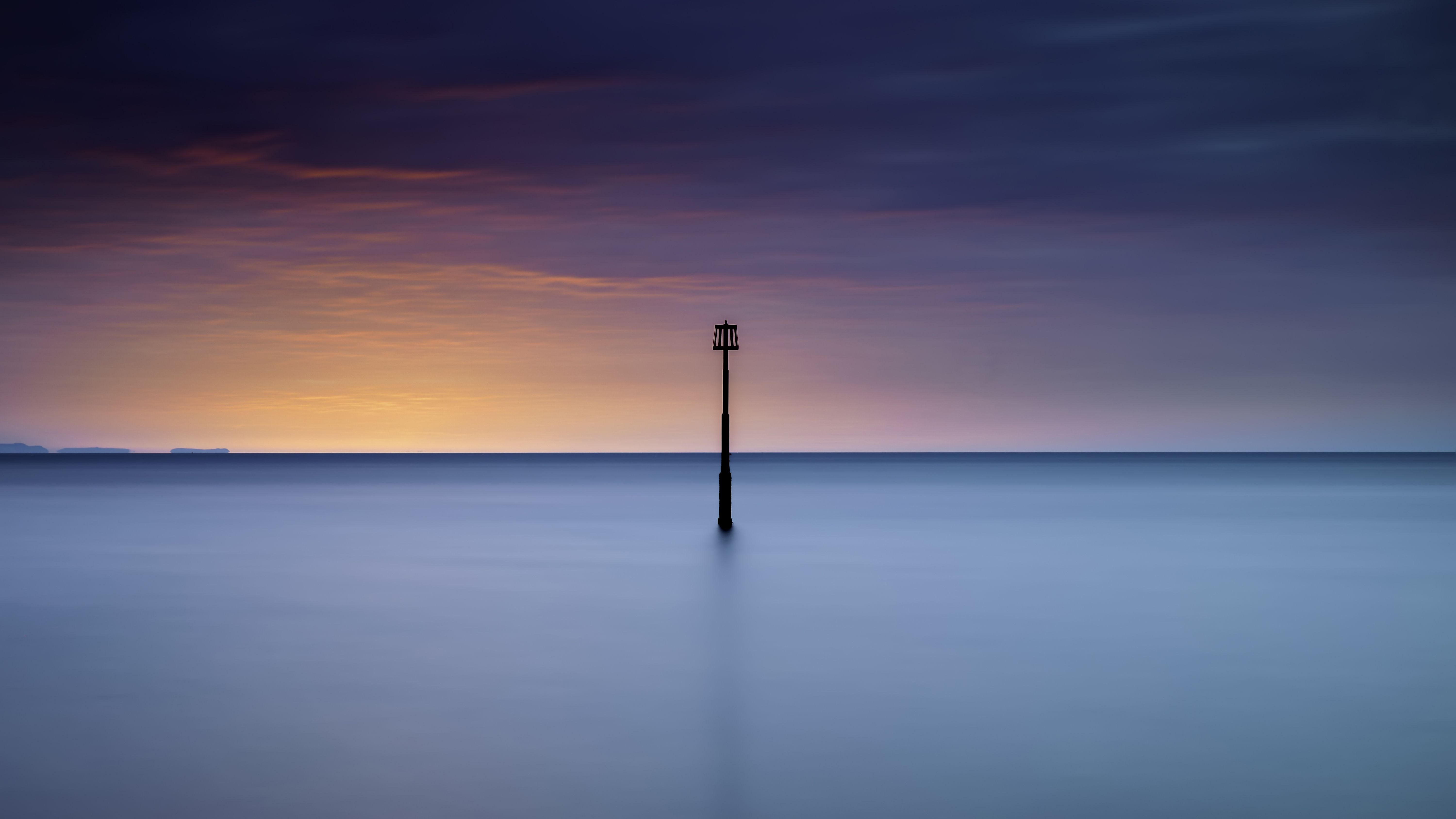 Meer, Pfahl, Langzeitbelichtung, Minimalismus, Dämmerung, 6K, Laptop-Hintergrundbild