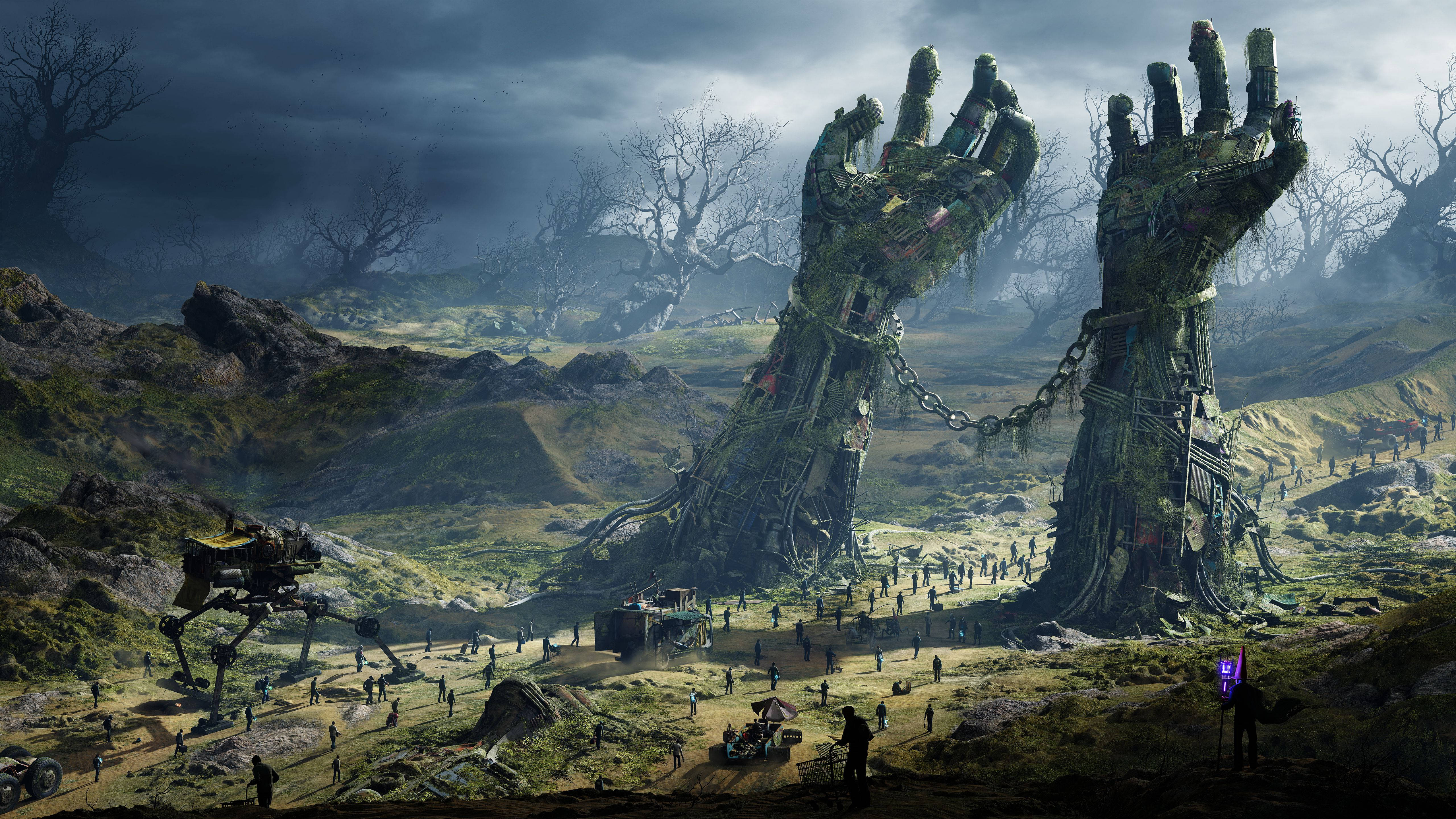 Steinhände, Fantasy, Riesige Statuen, Dark Fantasy, Landschaft, 5K, Breitbild-Hintergrundbild
