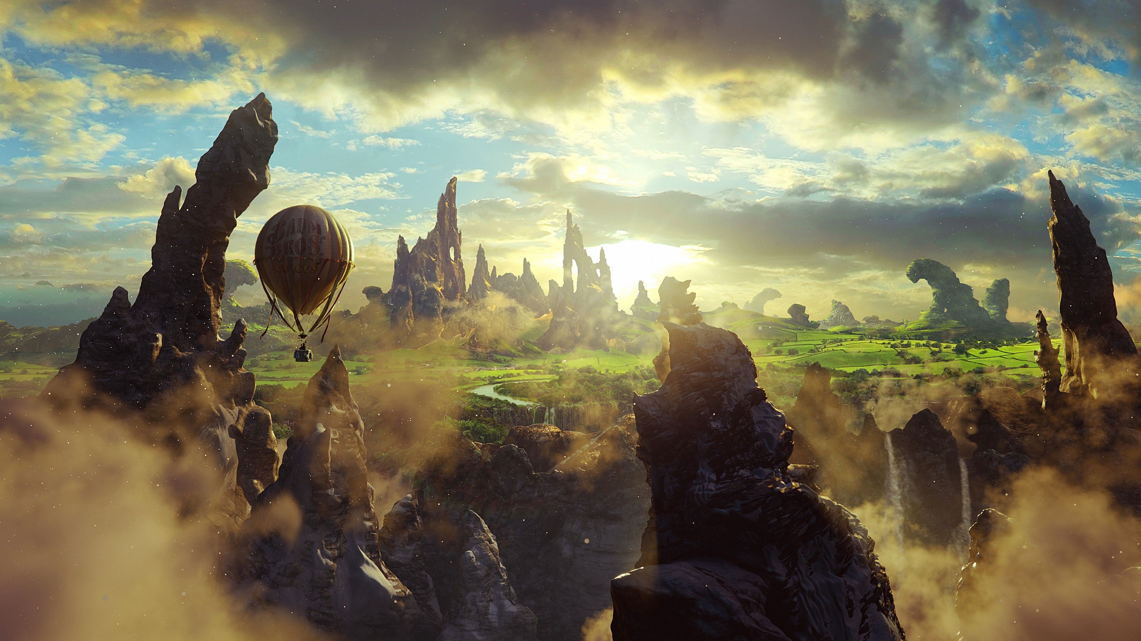 Fantasy-Landschaft, Heißluftballon, Felsspitzen, Wolken, Goldenes Licht, 4K-Hintergrundbild für PC