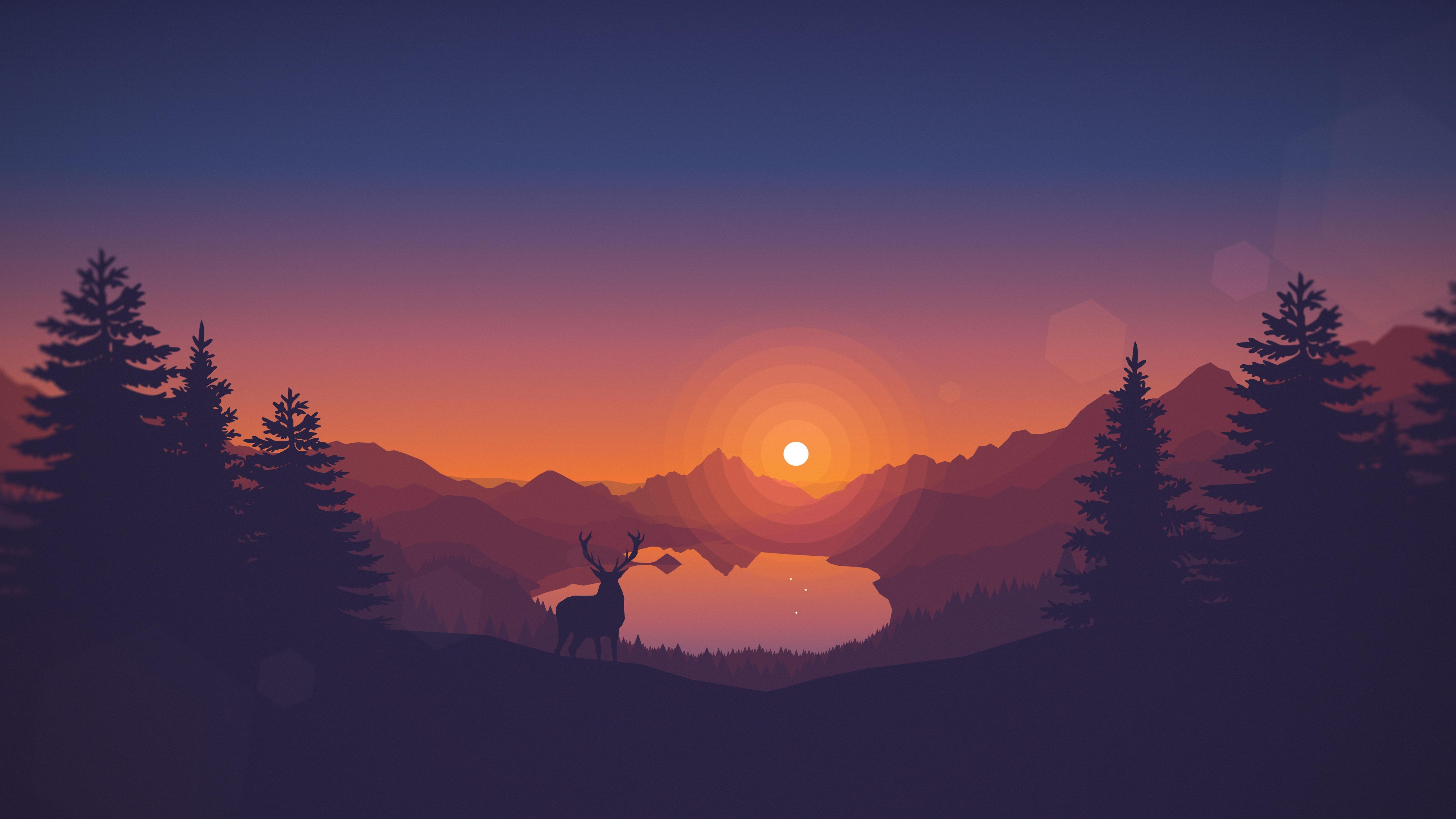 Hirsch, Wald, Sonnenuntergang, Flache Illustration, See, 5K, Breitbild-Hintergrundbild