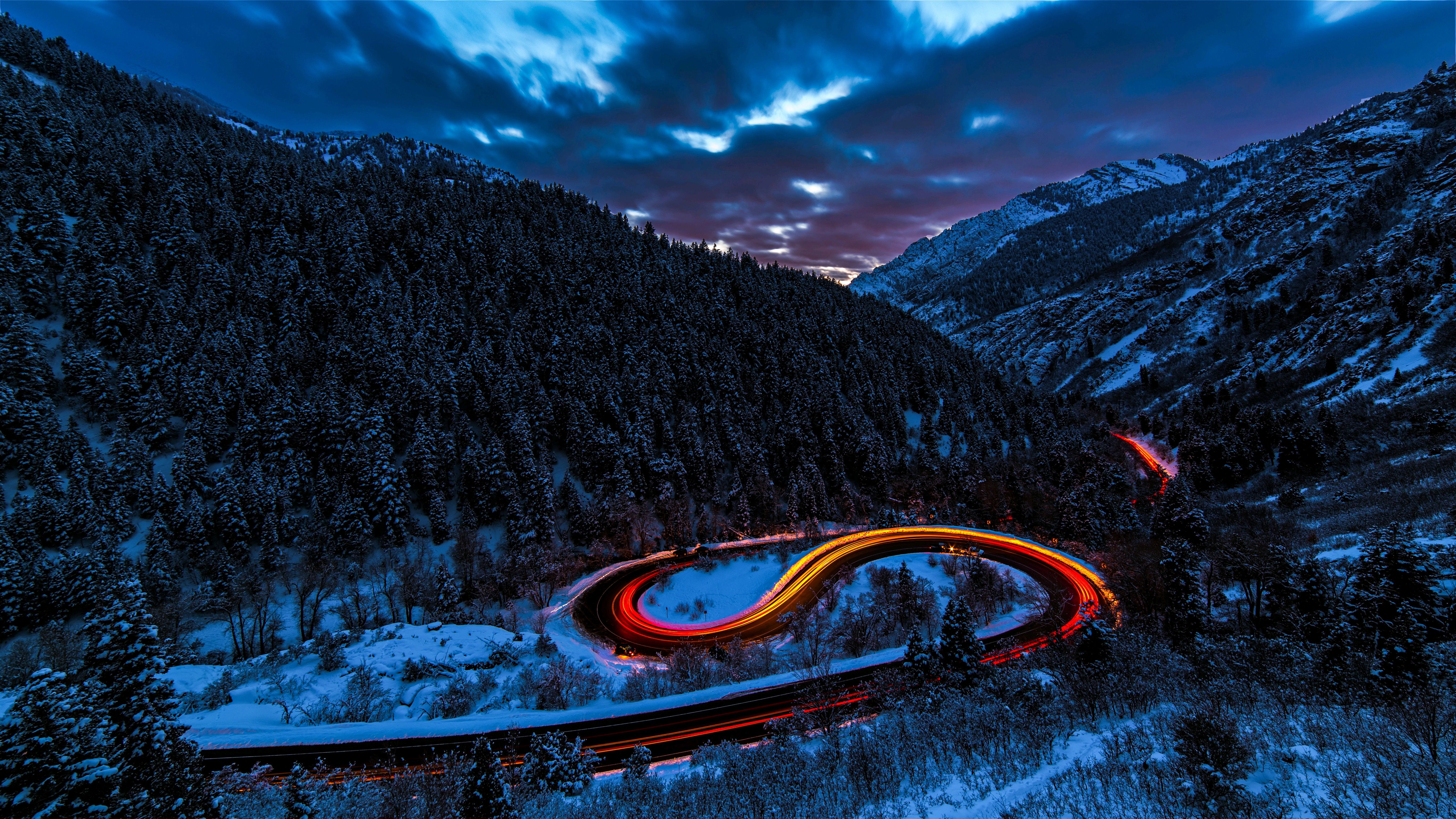 Lichtspuren, Serpentinenstraße, Berge, Langzeitbelichtung, Nacht, 5K, Laptop-Hintergrundbild