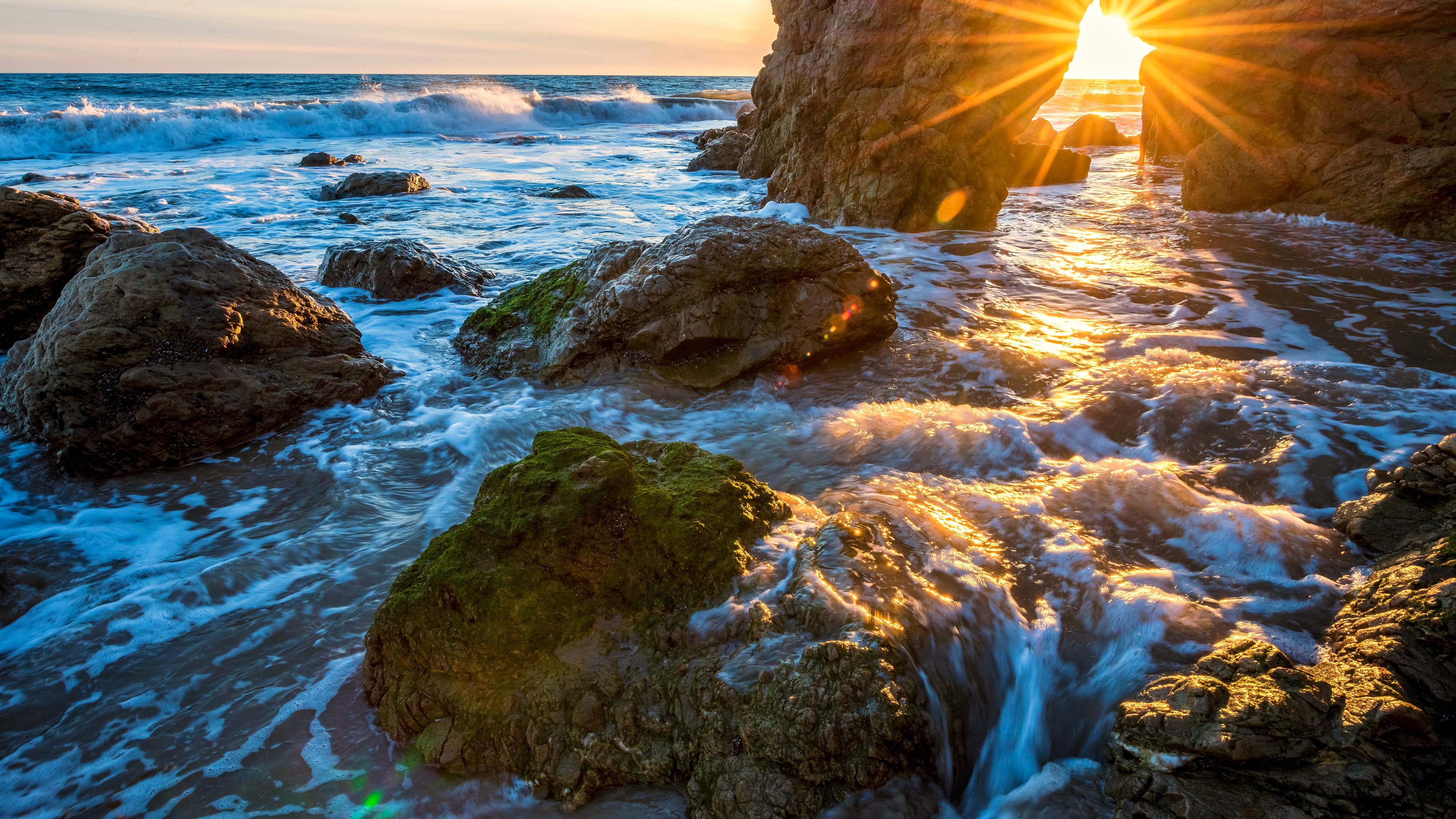 Felsenküste, Sonnenstern, Wellen, Gegenlicht, 5K, Hintergrund für den Desktop