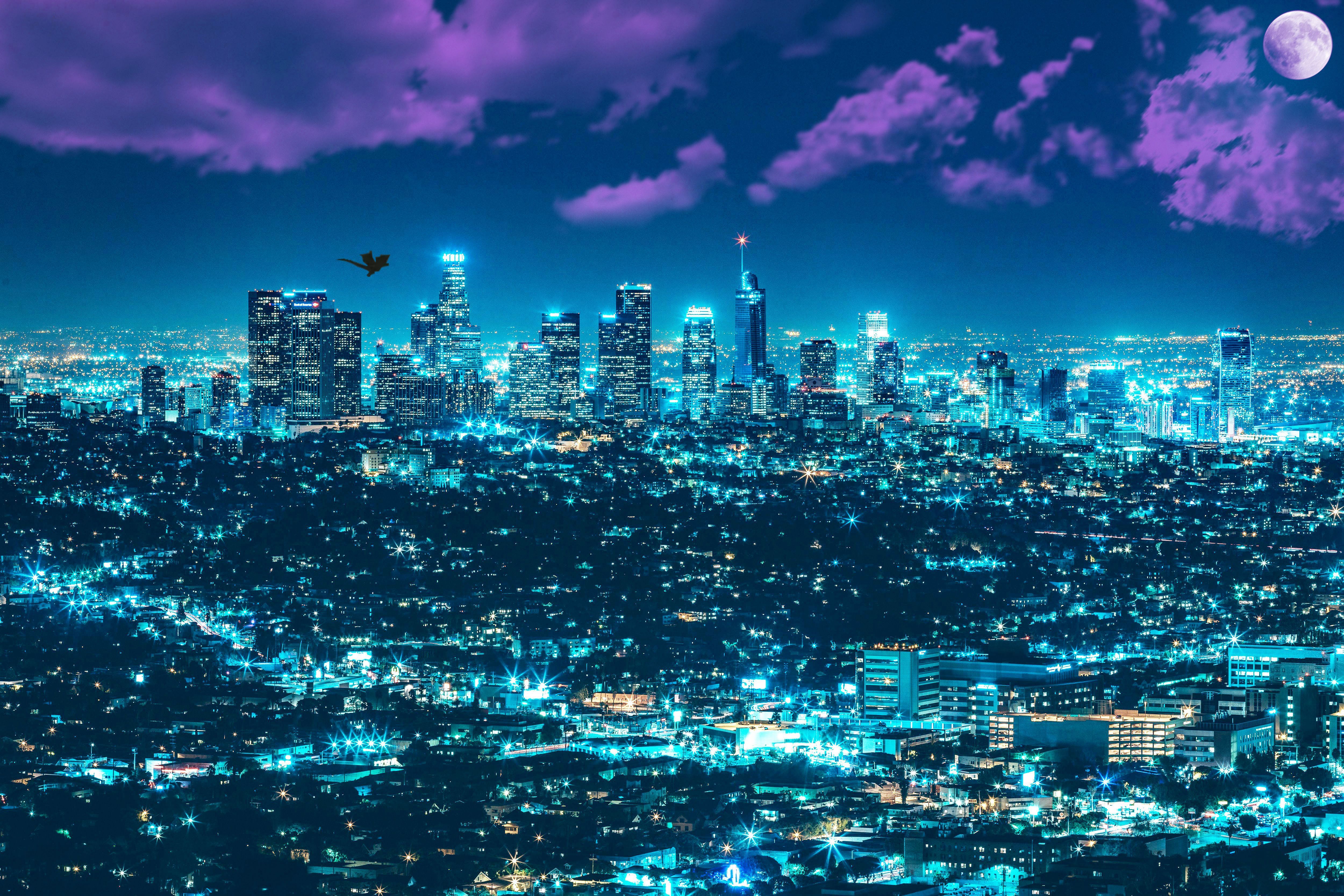 Los Angeles, Skyline, Nacht, Stadtlichter, Lila Wolken, 4K, Hintergrundbild für den PC
