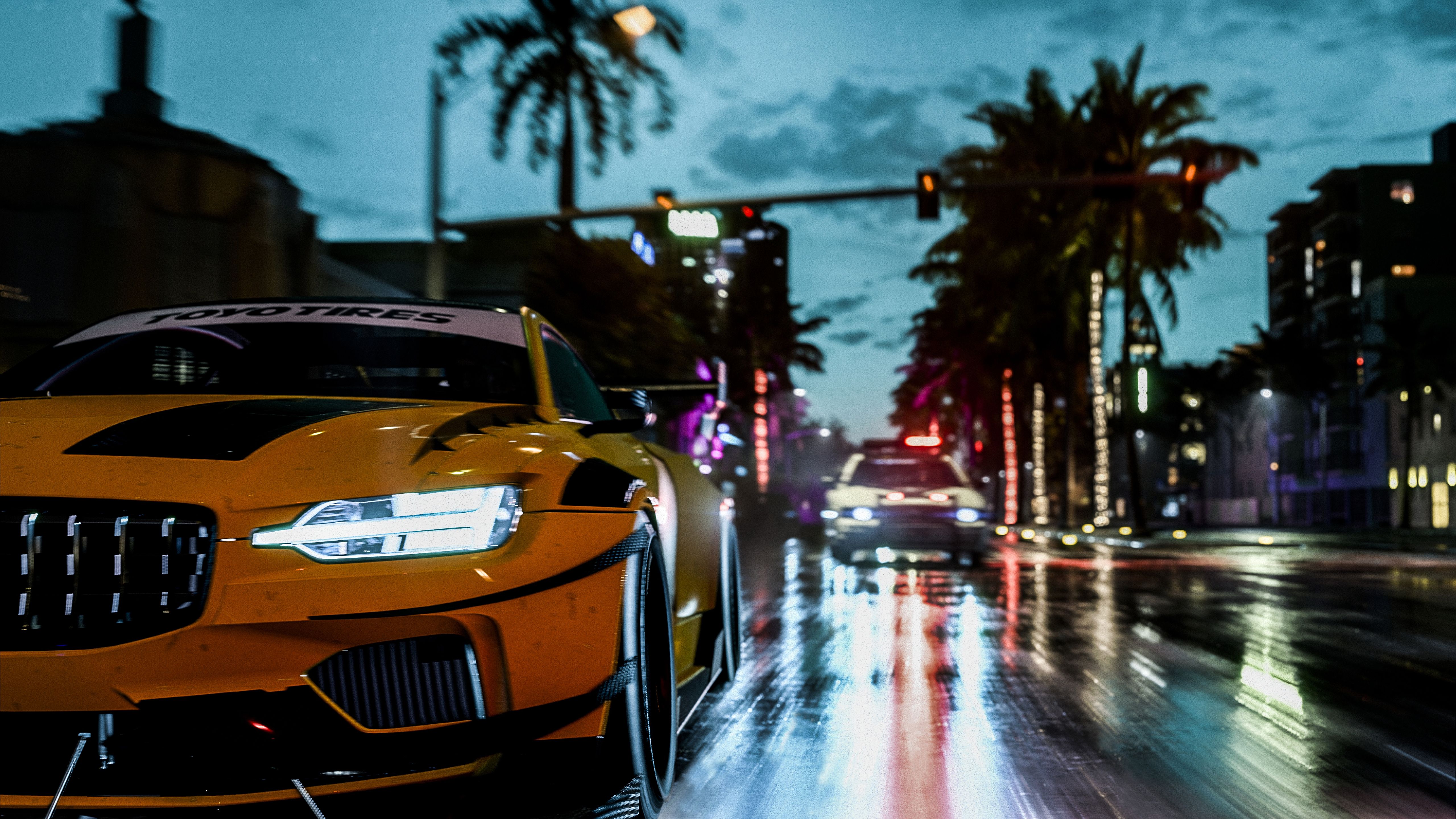 Sportwagen, Regen, Palmen, Nacht, Straße, Gelb, 16:9, 5K-Hintergrundbild für den Desktop