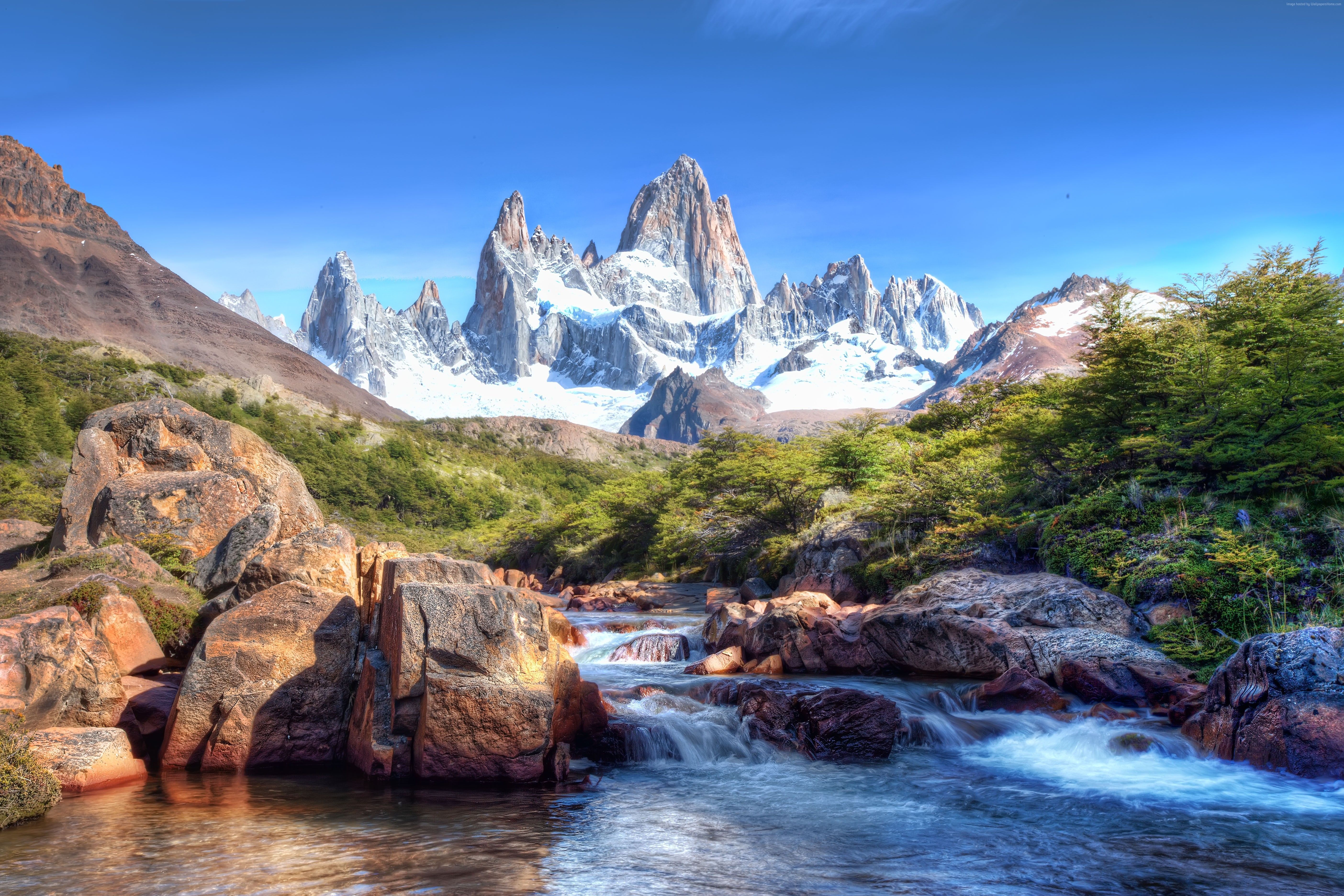 Fitz Roy, Patagonien, Argentinien, Gebirgsbach, Felsen, 5K, Hintergrundbild für den PC