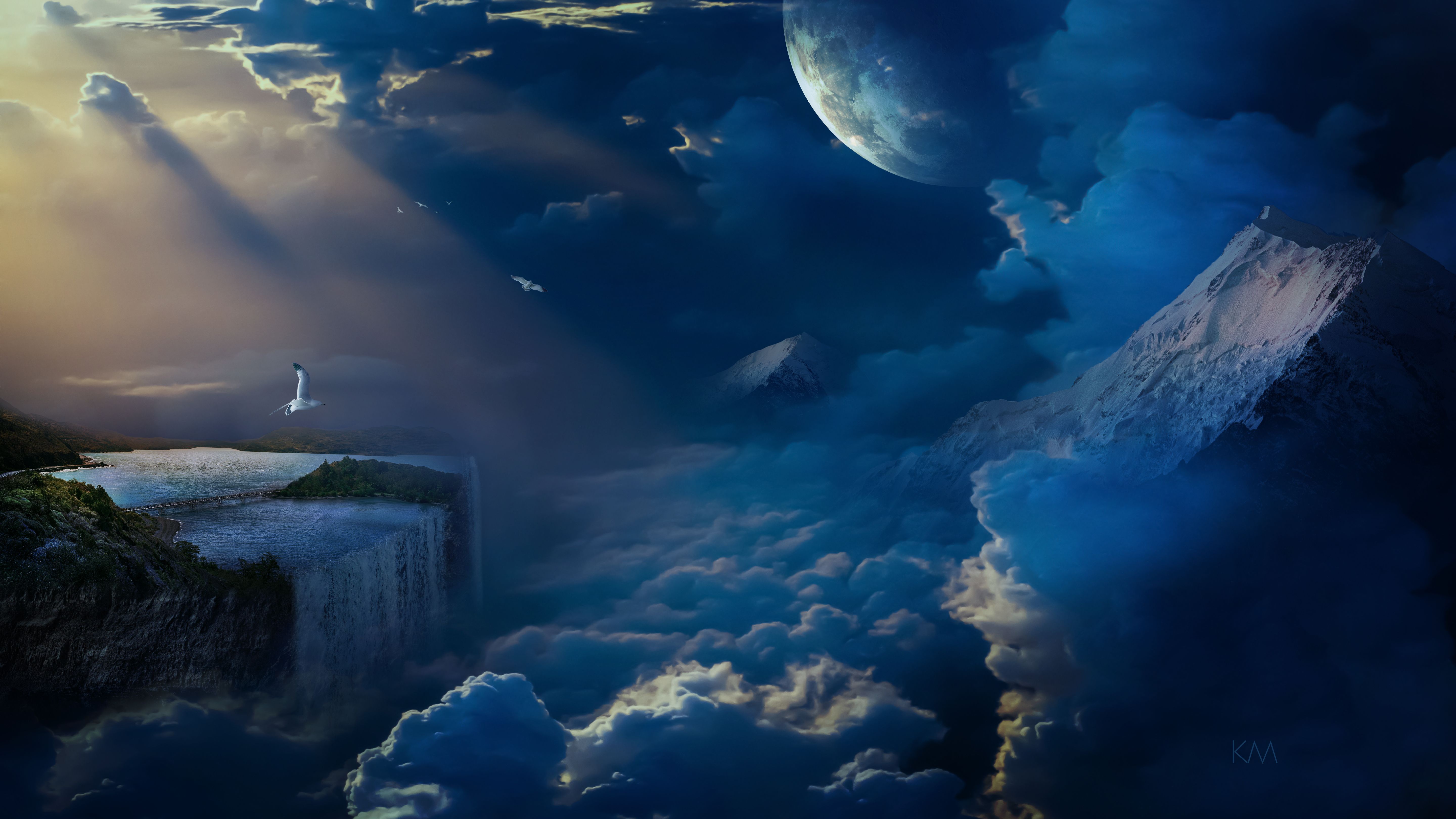 Fantasy, Wolken, Planet, Wasserfall, Nacht, 5K, Desktop-Hintergrund für Windows