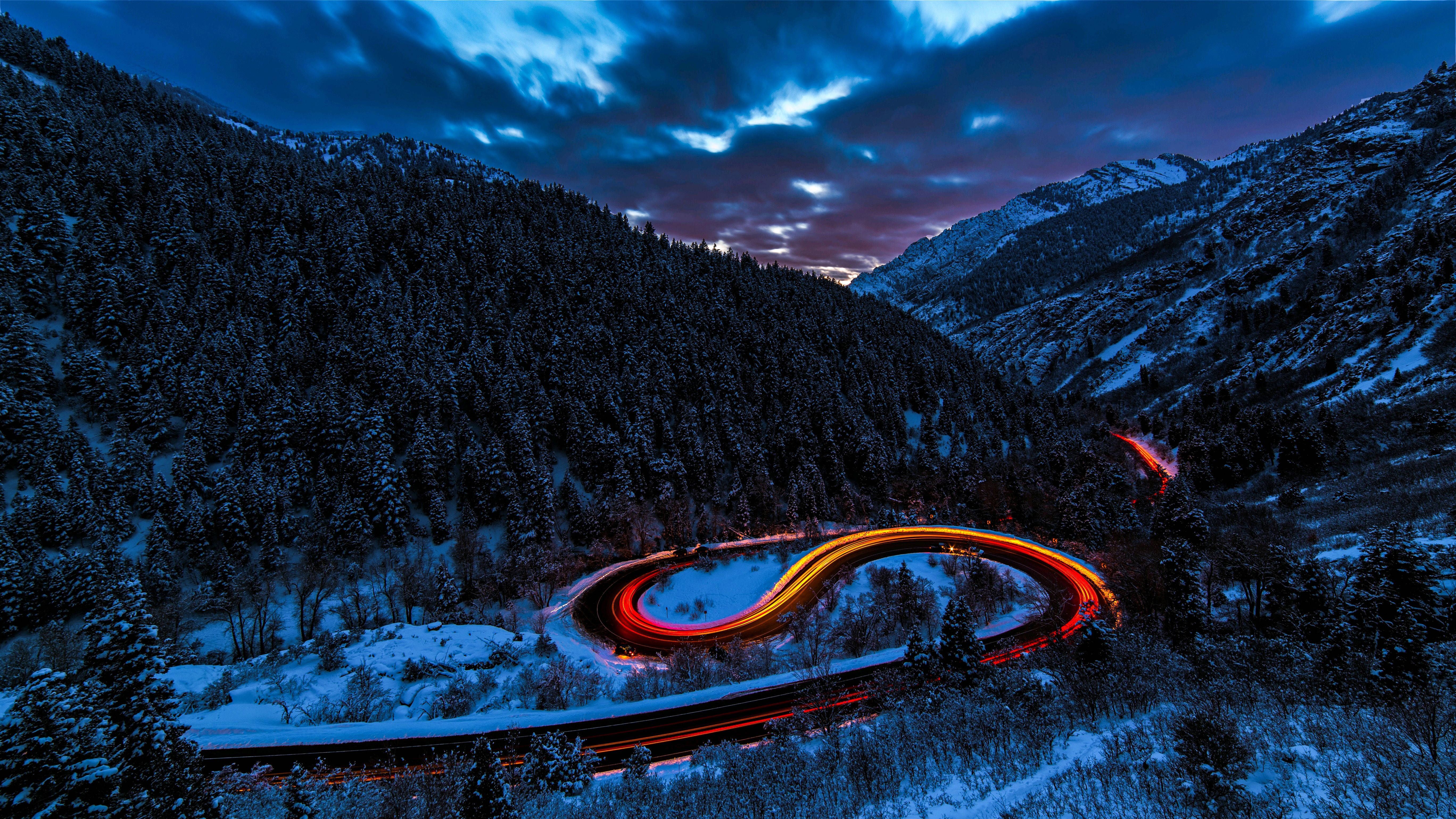 Lichtspuren, Serpentinenstraße, Berge, Nacht, Schnee, 5K, Hintergrund für den Desktop