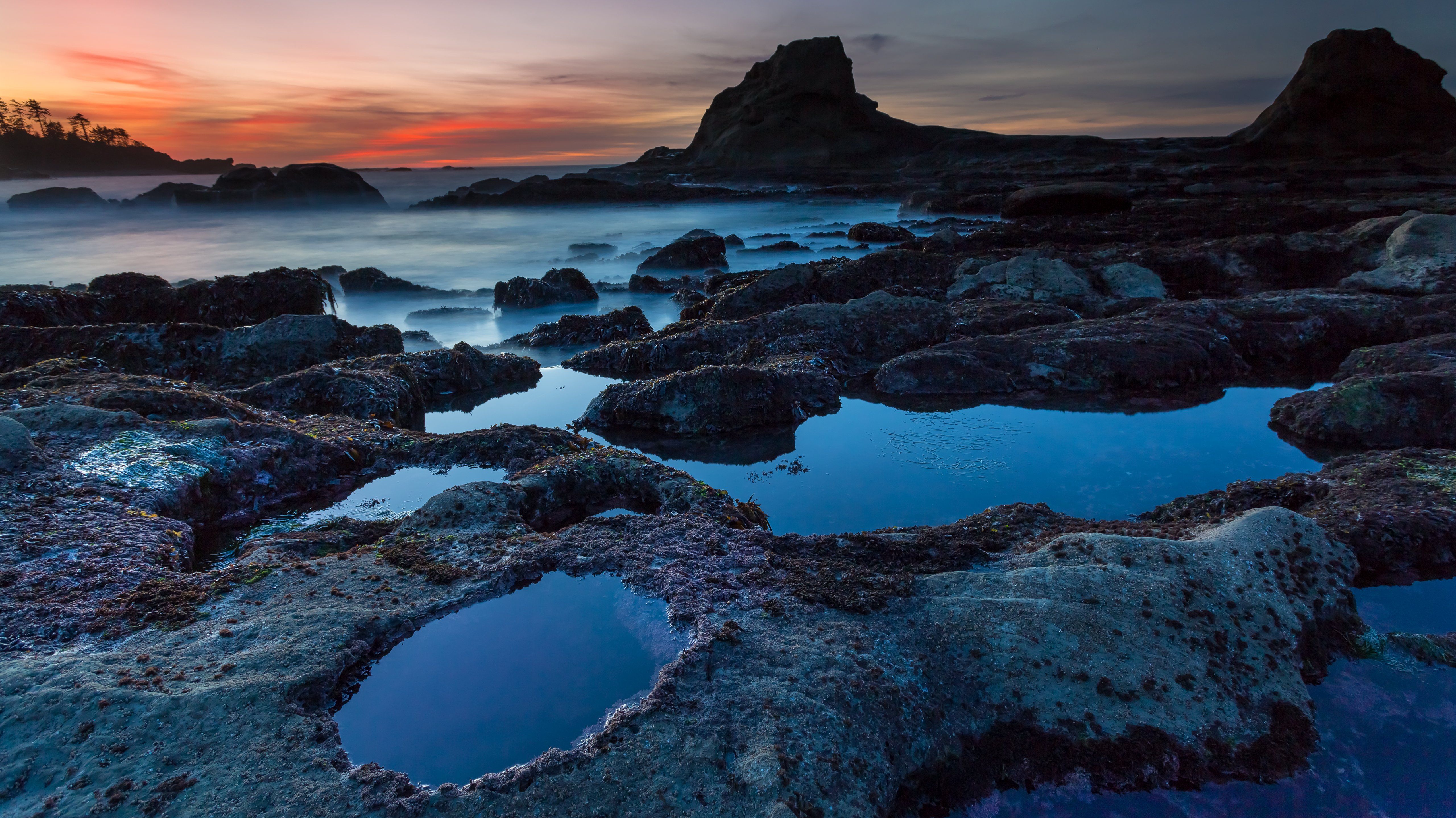 Felsenküste, Gezeitenbecken, Dämmerung, Meer, 16:9, 5K-Hintergrundbild für den Desktop