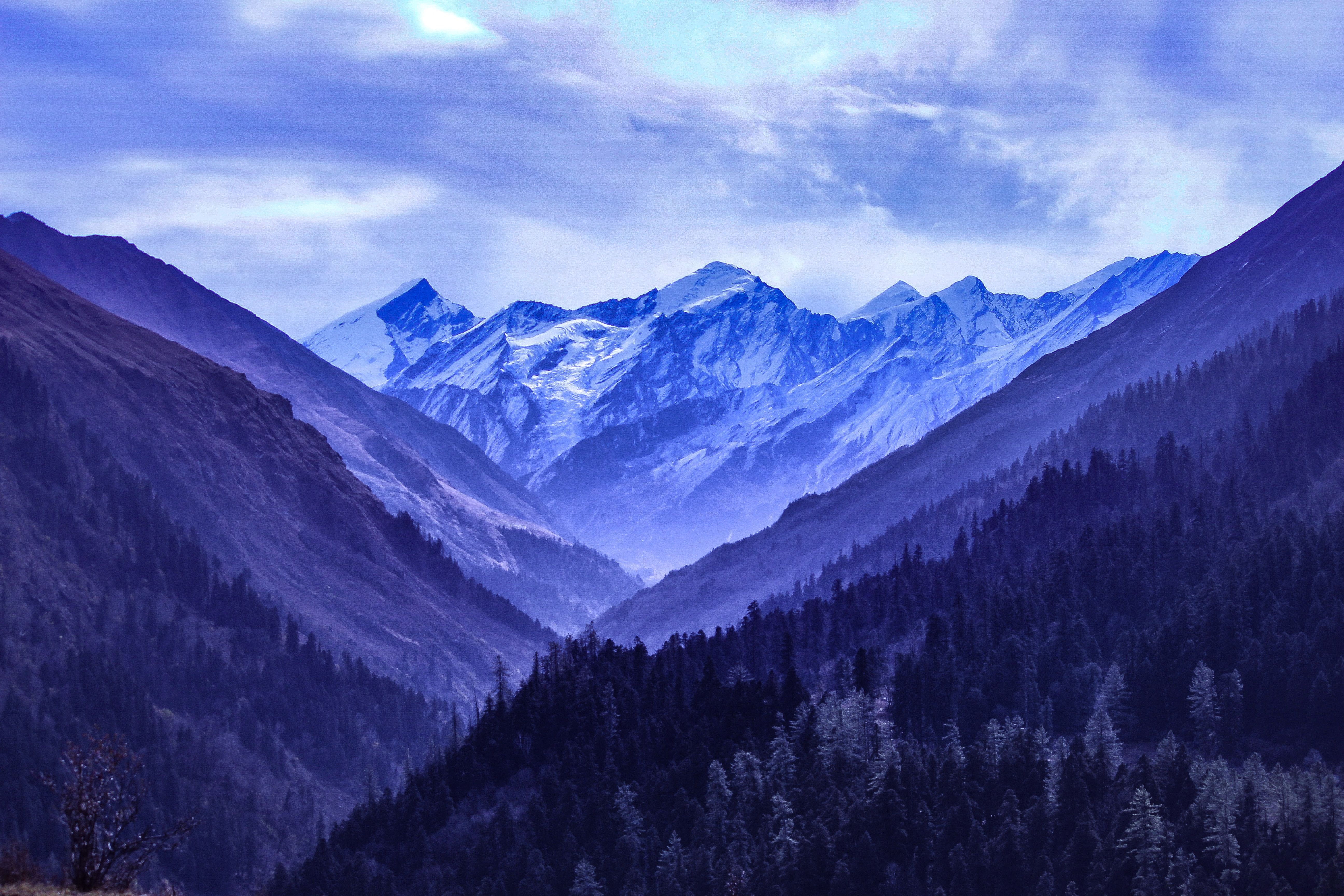 Berge, Tal, Lila, Blau, Schnee, 5K, Desktop-Hintergrund für Windows