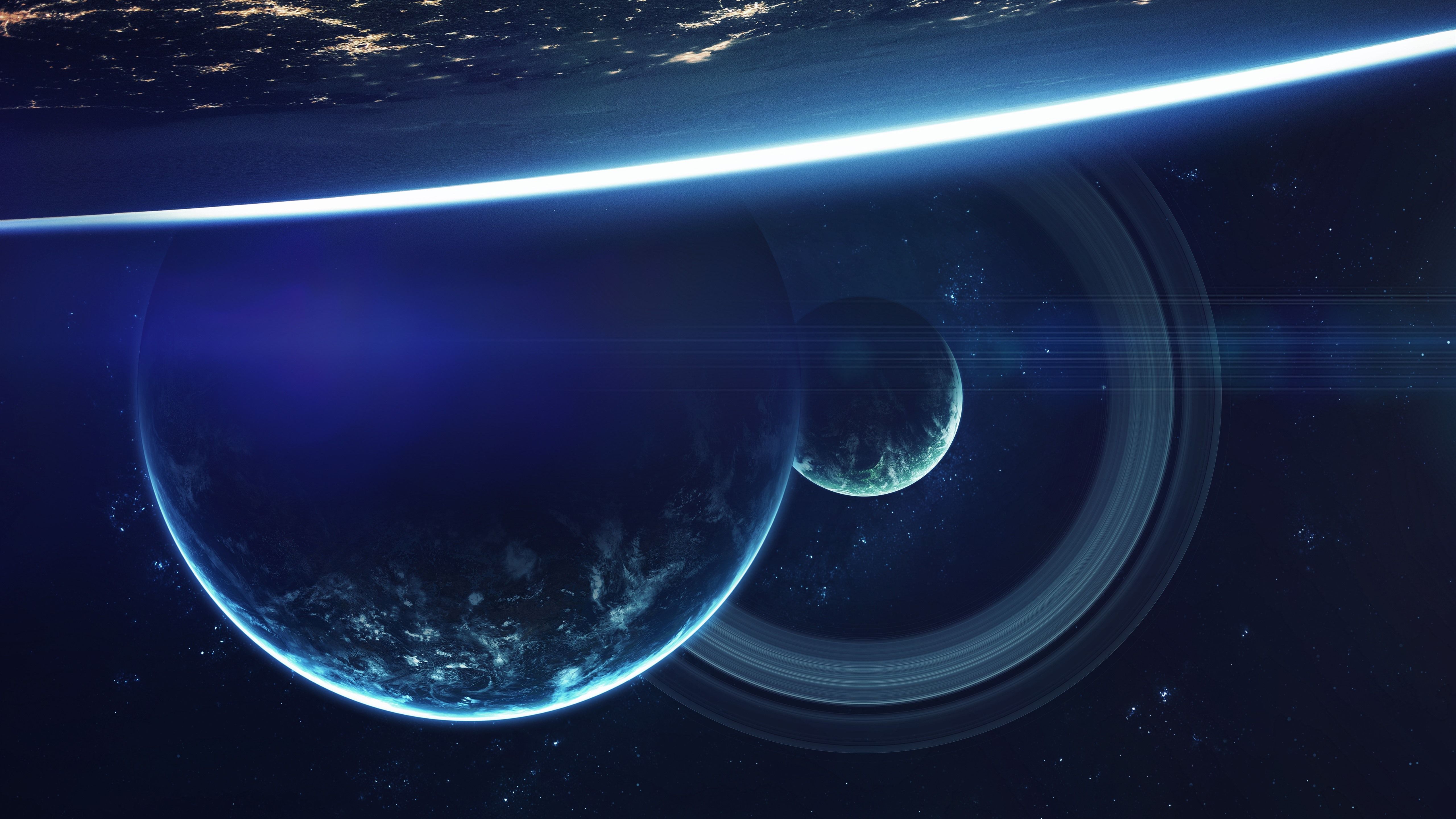 Planeten, Weltraum, Ringe, Science-Fiction, Blau, 16:9, 5K-Hintergrundbild für den Desktop