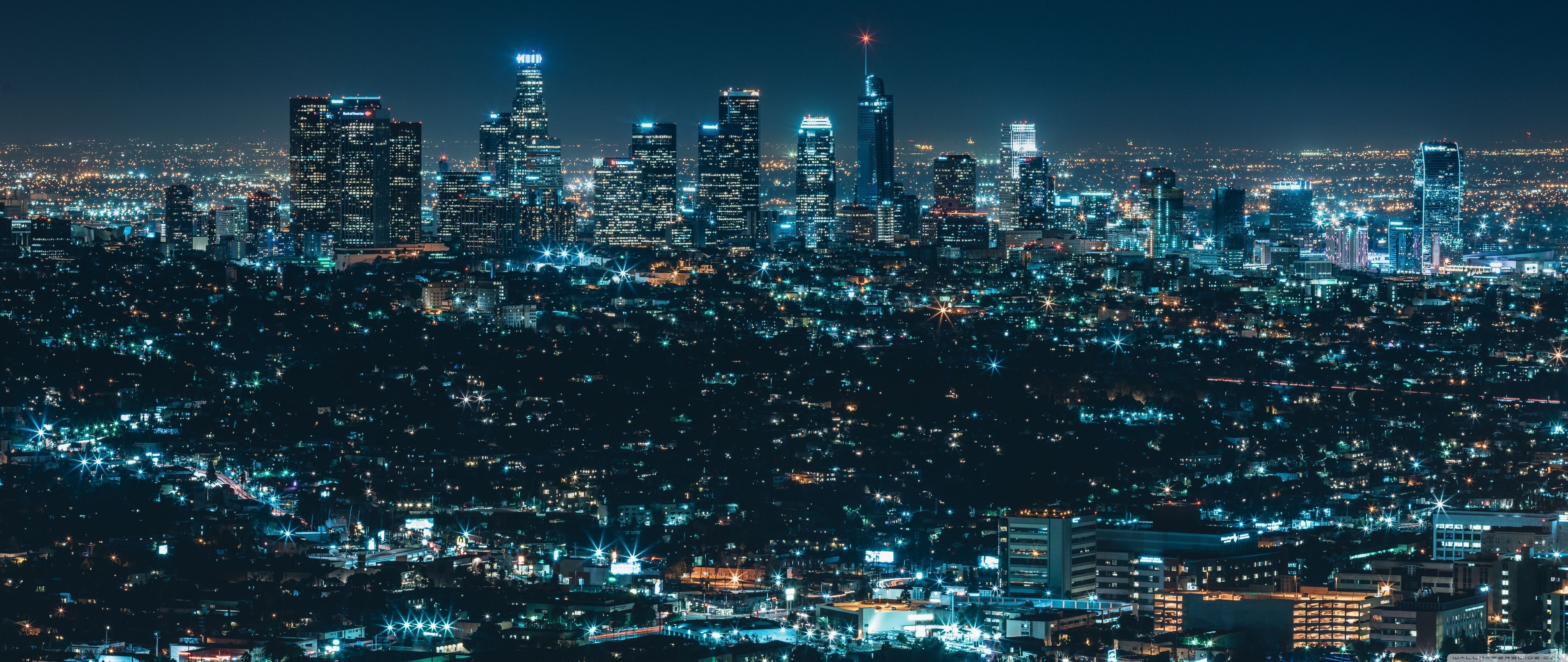 Los Angeles, Skyline, Nacht, Stadtlichter, 21:9, 5K-Hintergrundbild für den Desktop