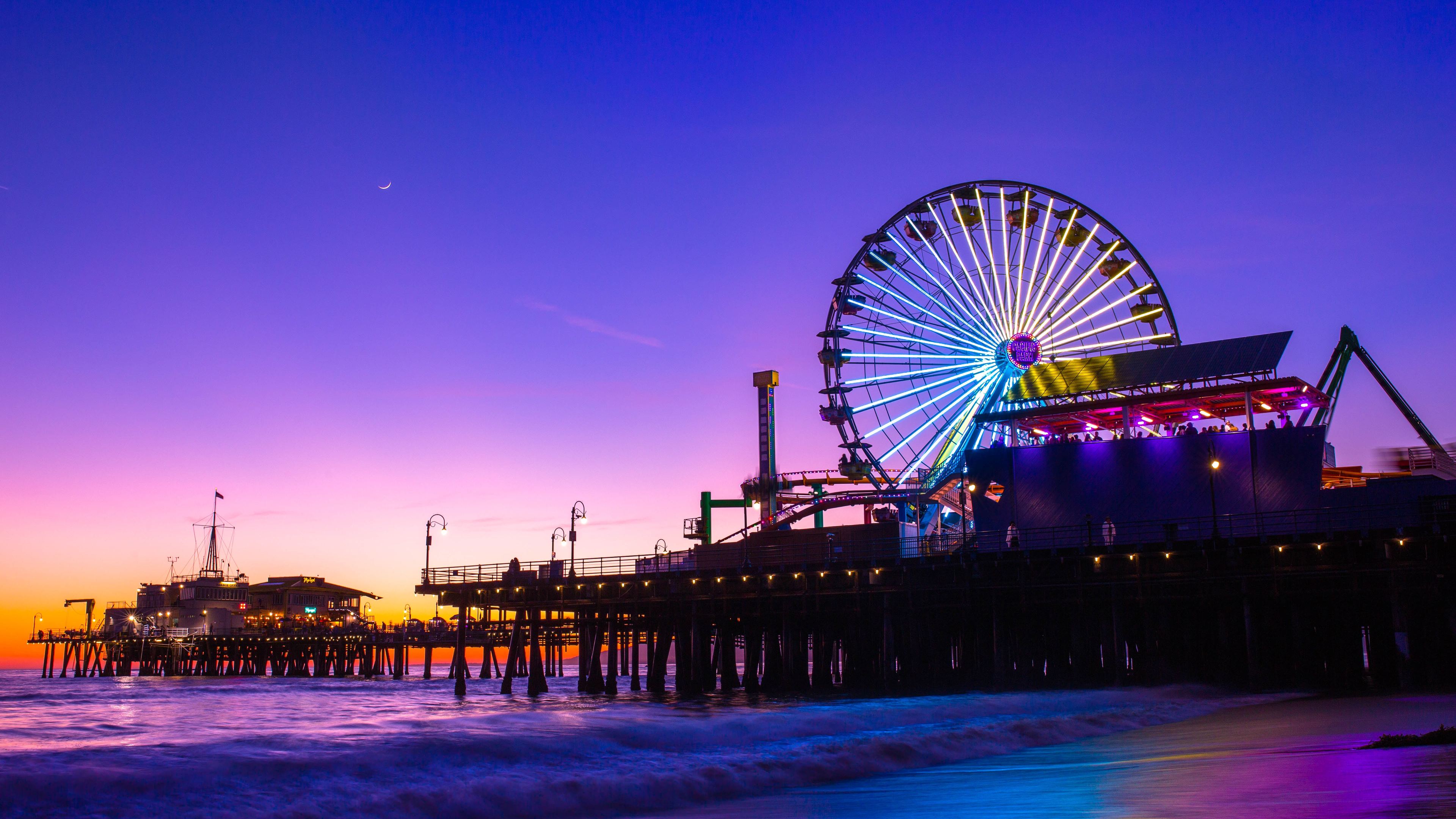 Santa Monica Pier, Riesenrad, Kalifornien, Dämmerung, Lila Himmel, 3840x2160, PC-Hintergrundbild