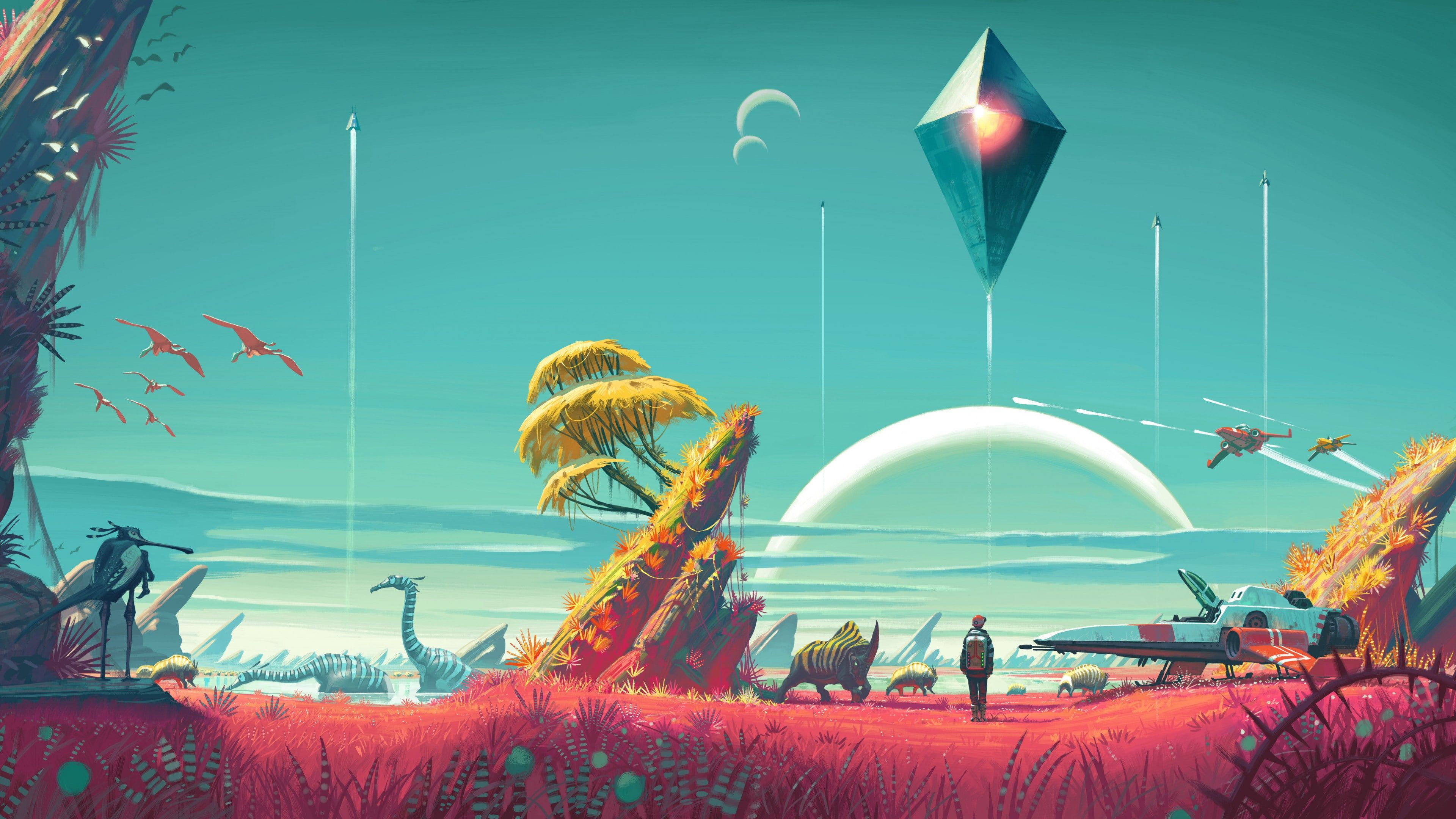 No Man's Sky, Alien-Planet, Science-Fiction, Dinosaurier, Retro-Stil, 4K, Laptop-Hintergrundbild