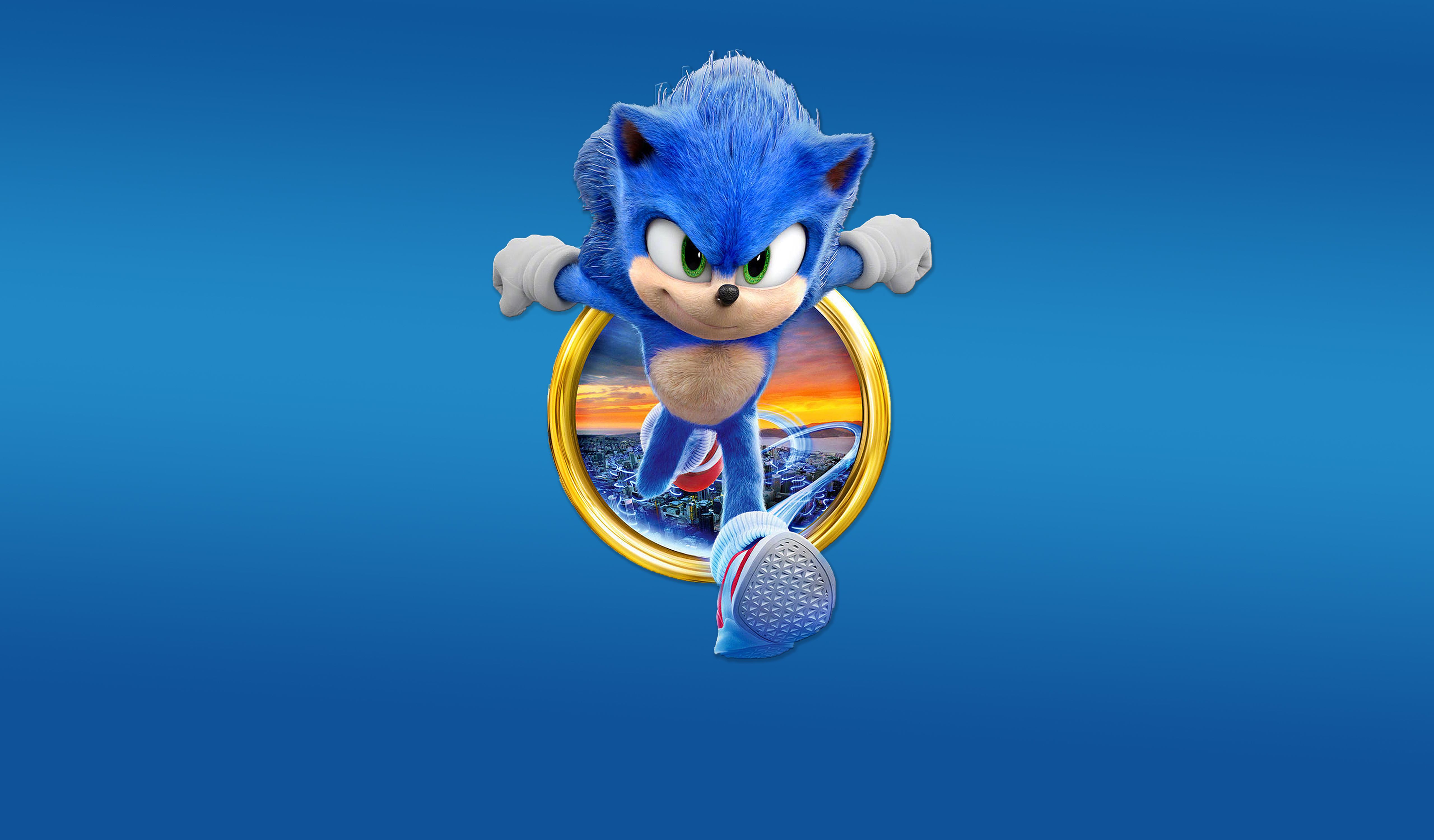 Sonic, Sonic the Hedgehog, Goldener Ring, Blauer Hintergrund, 5K Wallpaper
