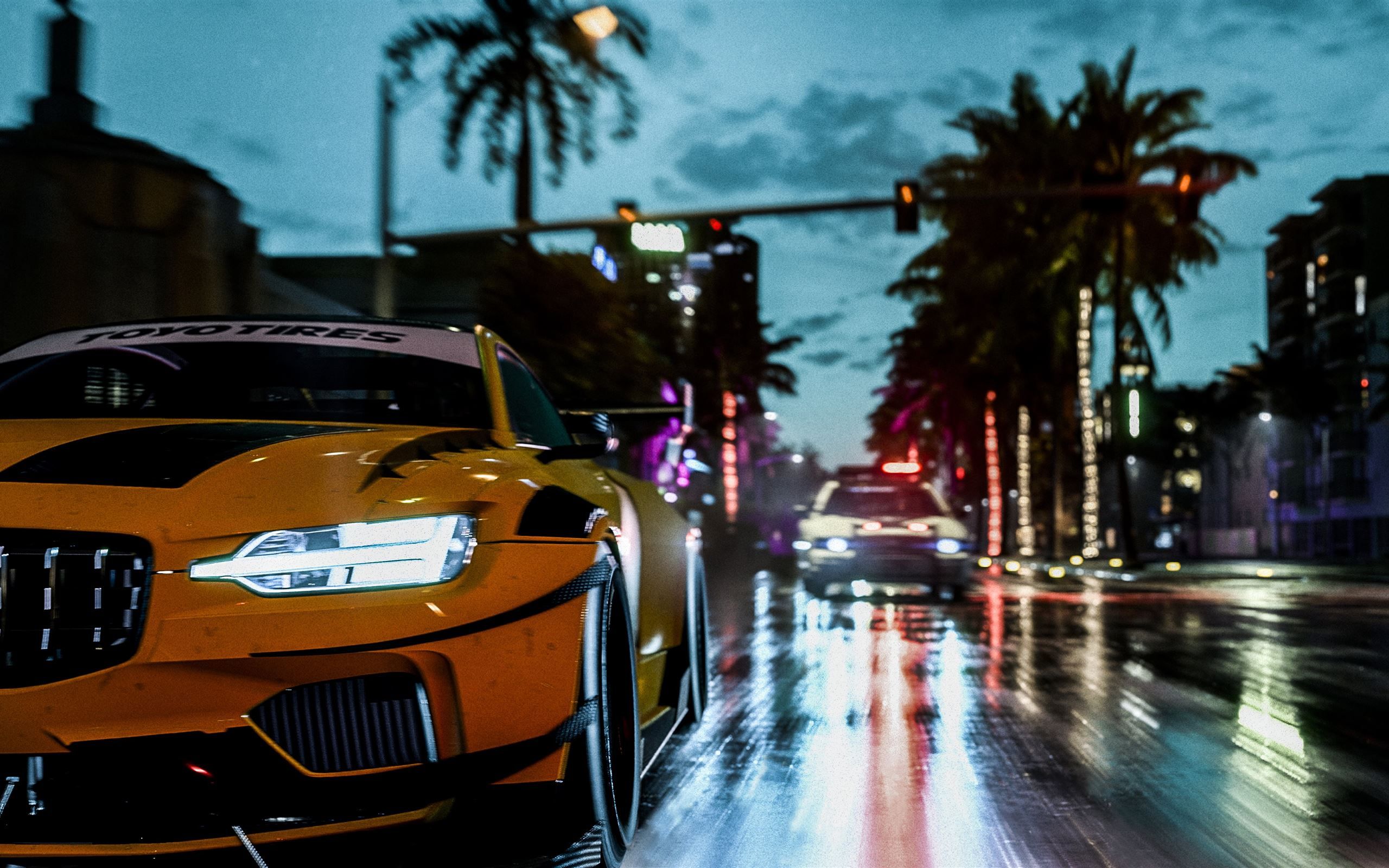 Sportwagen, Regen, Palmen, Nacht, Gelb, 2K, Desktop-Hintergrund für Windows