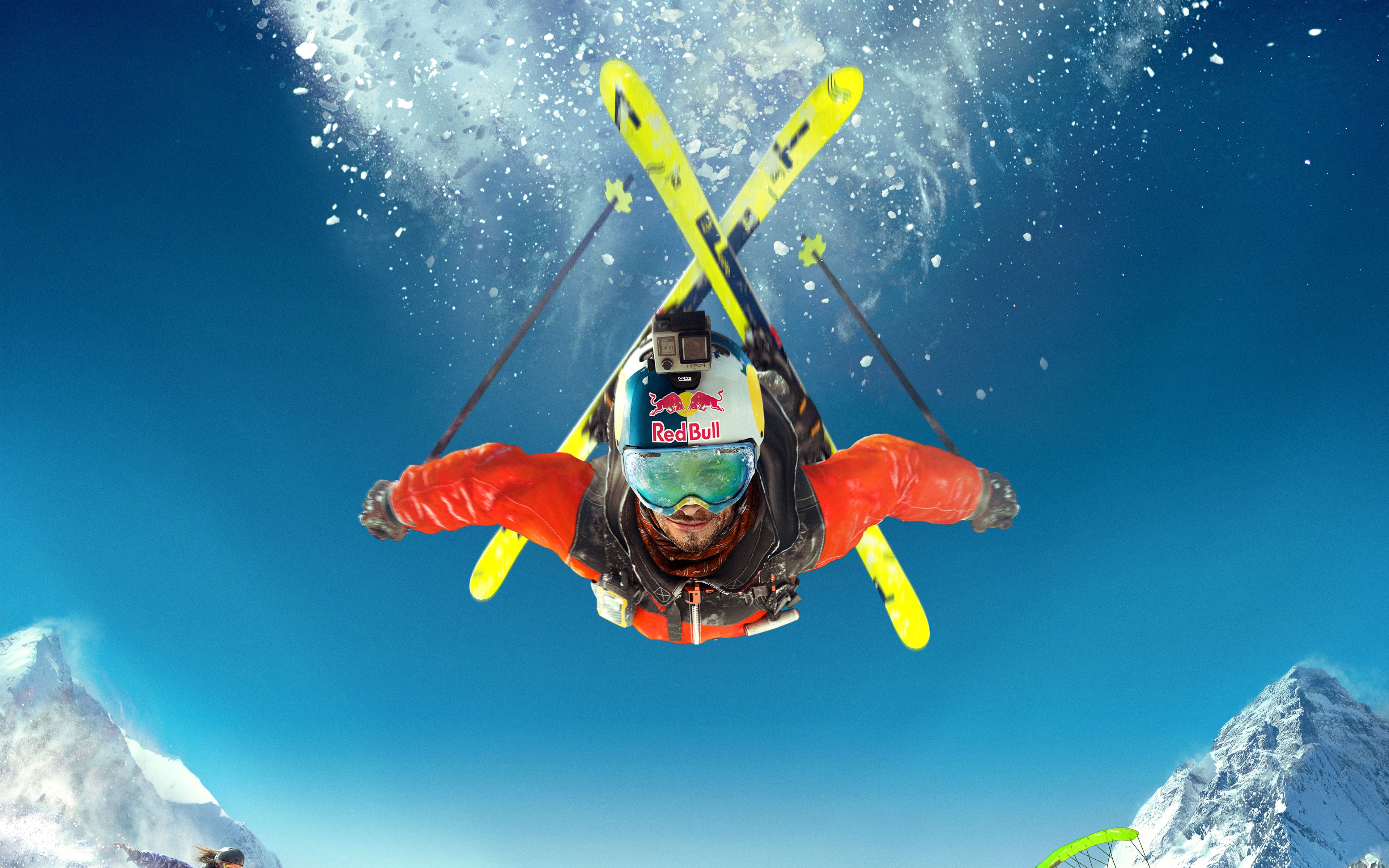 Skifahrer, Sprung, Ski, Wintersport, Blauer Himmel, 16:10, 4K-Hintergrundbild für den Desktop