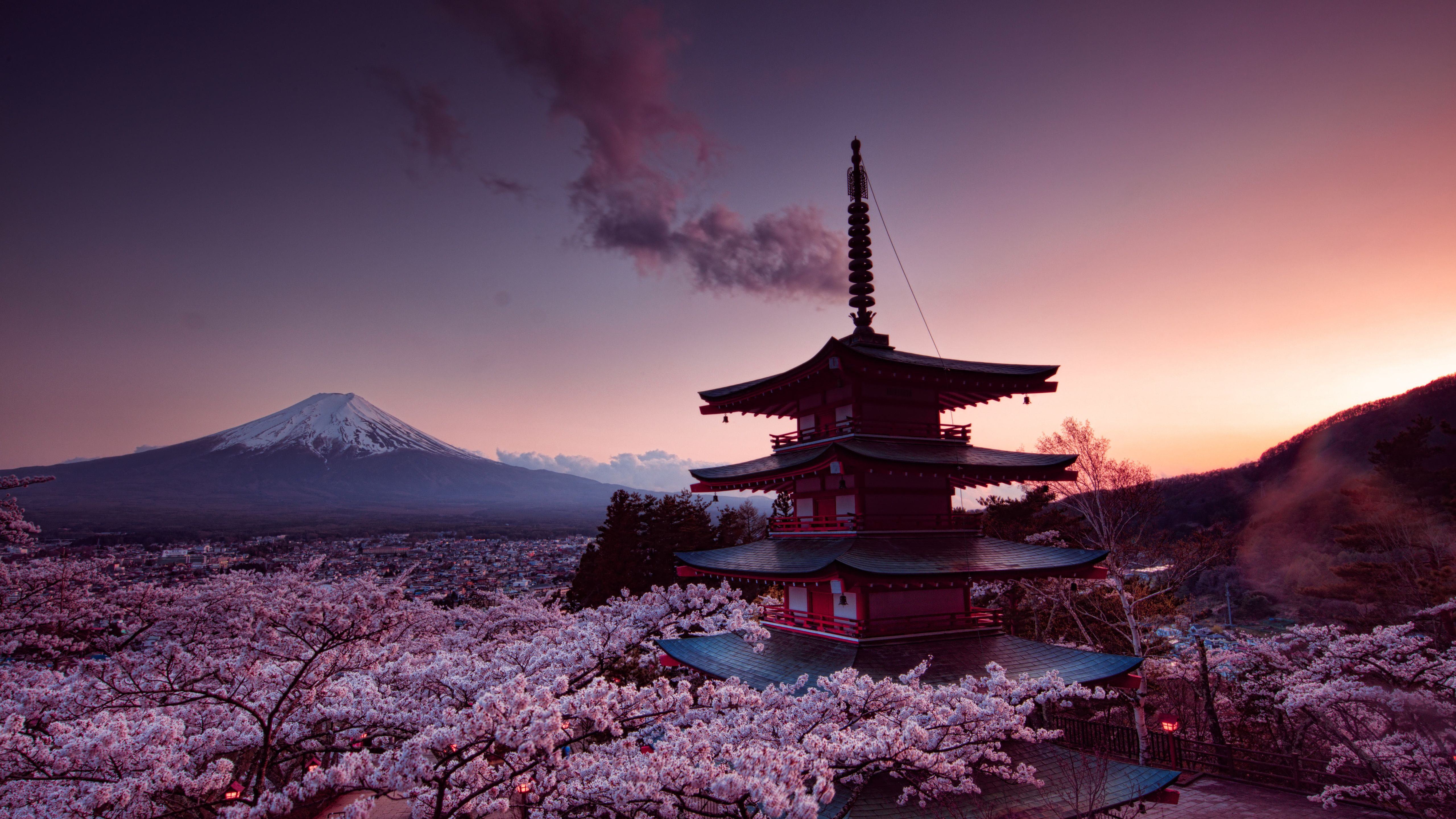 Chureito-Pagode, Fuji, Japan, Kirschblüten, Dämmerung, 5K, Hintergrundbild für den PC