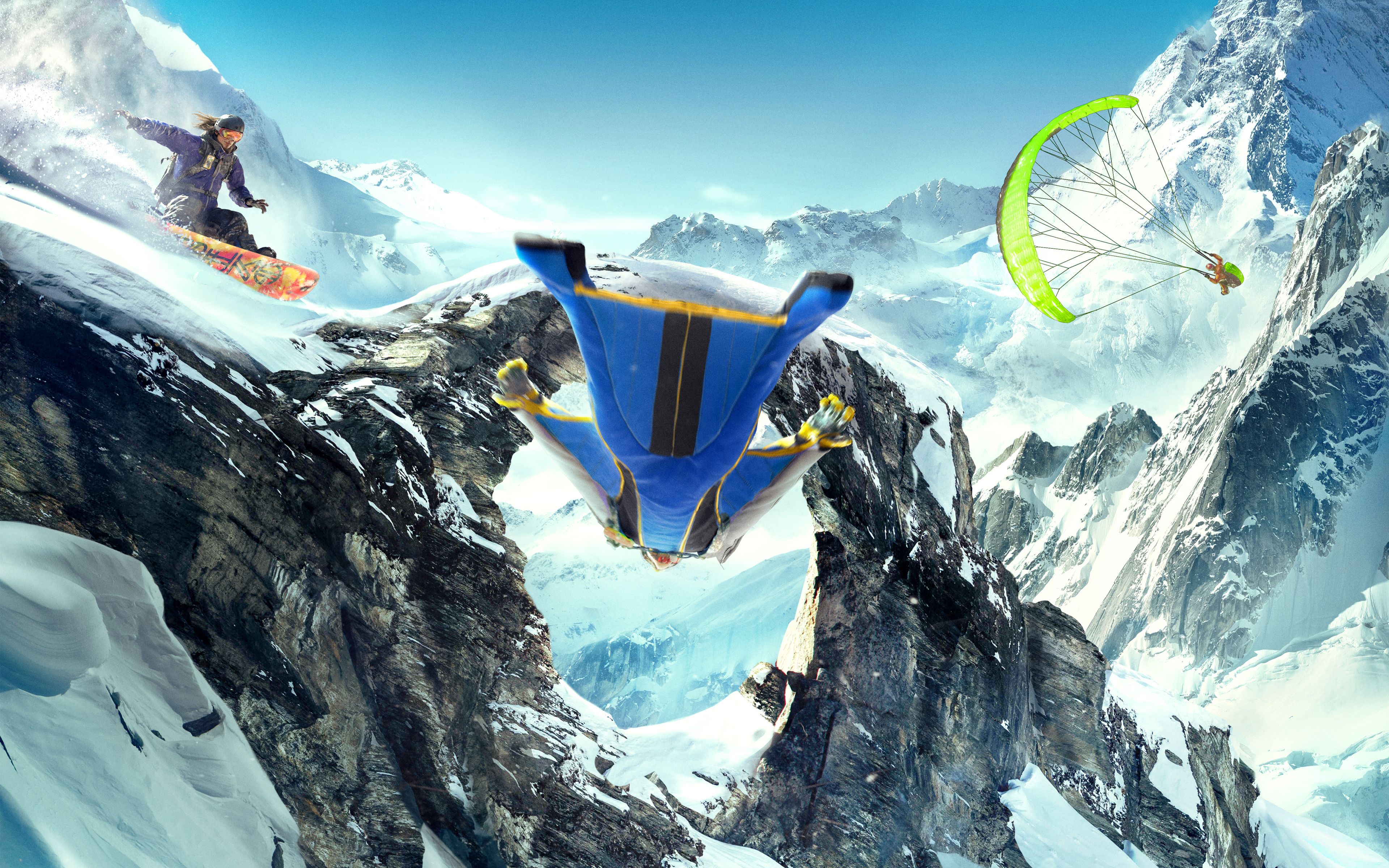 Steep, Wingsuit, Snowboarder, Paraglider, Schneeberge, 4K, Hintergrund für den Desktop