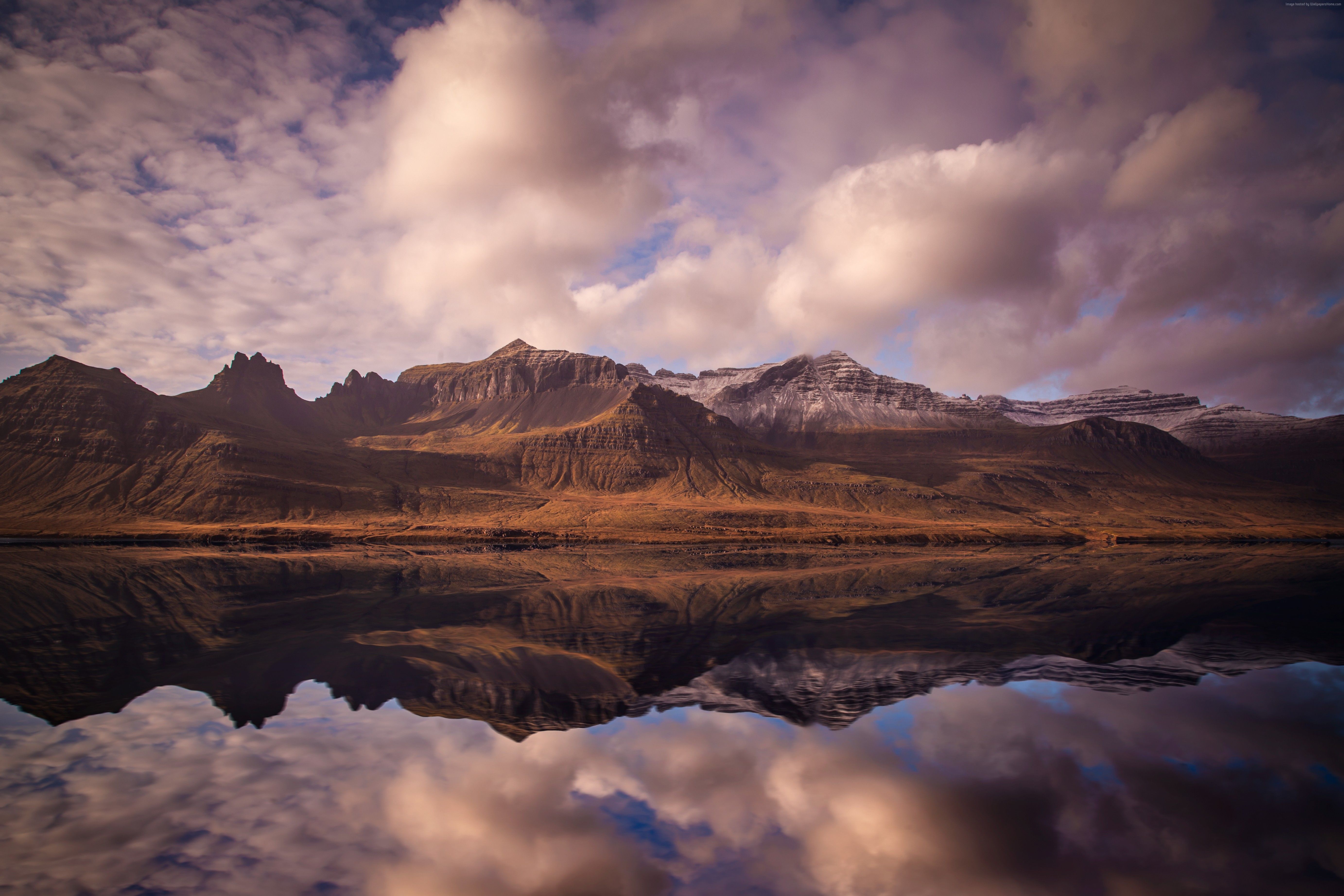 Berge, See, Spiegelung, Wolken, Dämmerung, 5K, Hintergrundbild für den PC