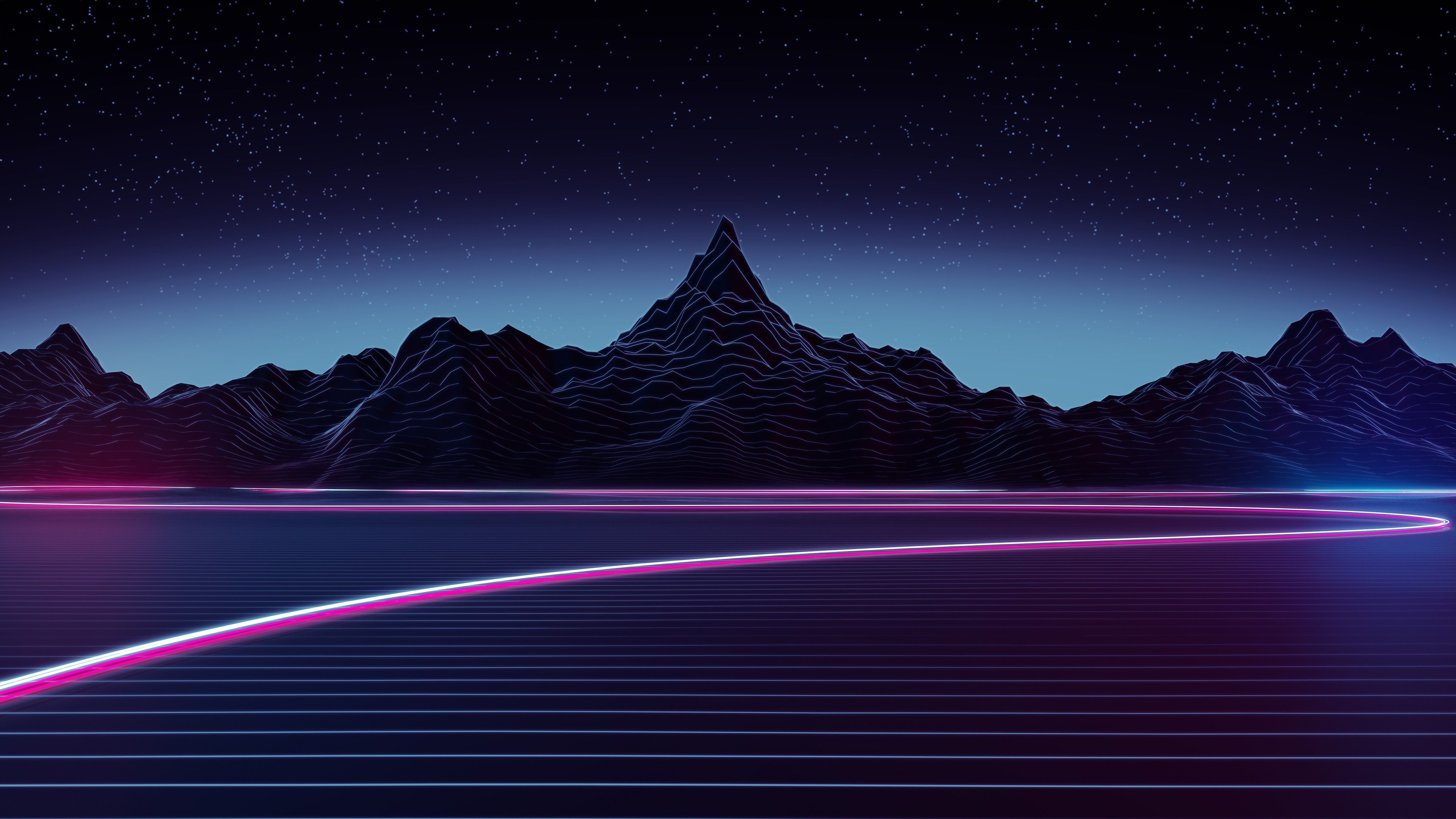Synthwave, Wireframe-Berge, Neonlinien, Sternenhimmel, Retrowave, 5K-Hintergrundbild für PC