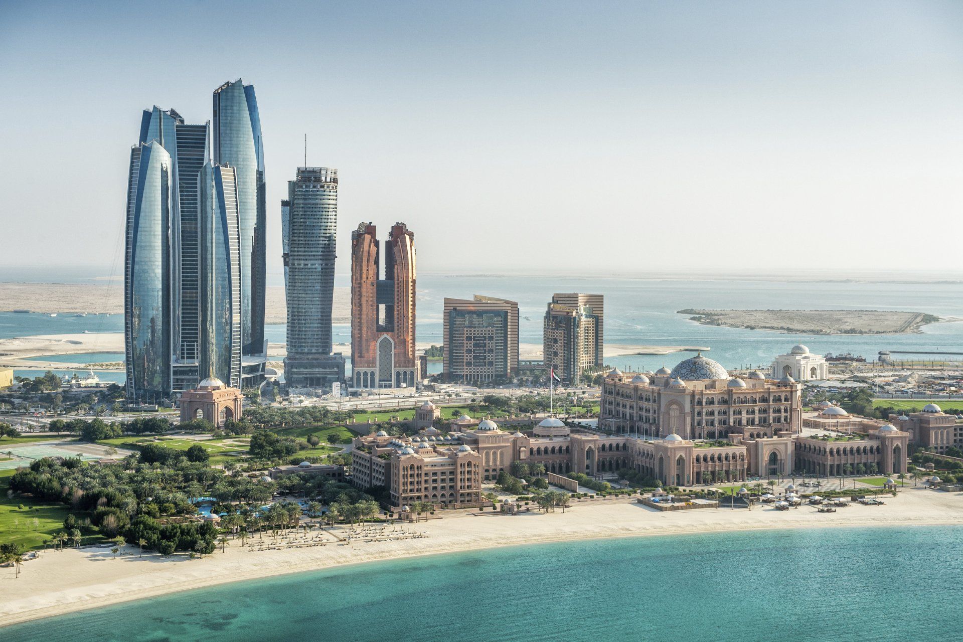 Etihad Towers, Emirates Palace, Abu Dhabi, Strand, Luftaufnahme, Küste, Full HD, Windows-Hintergrundbild