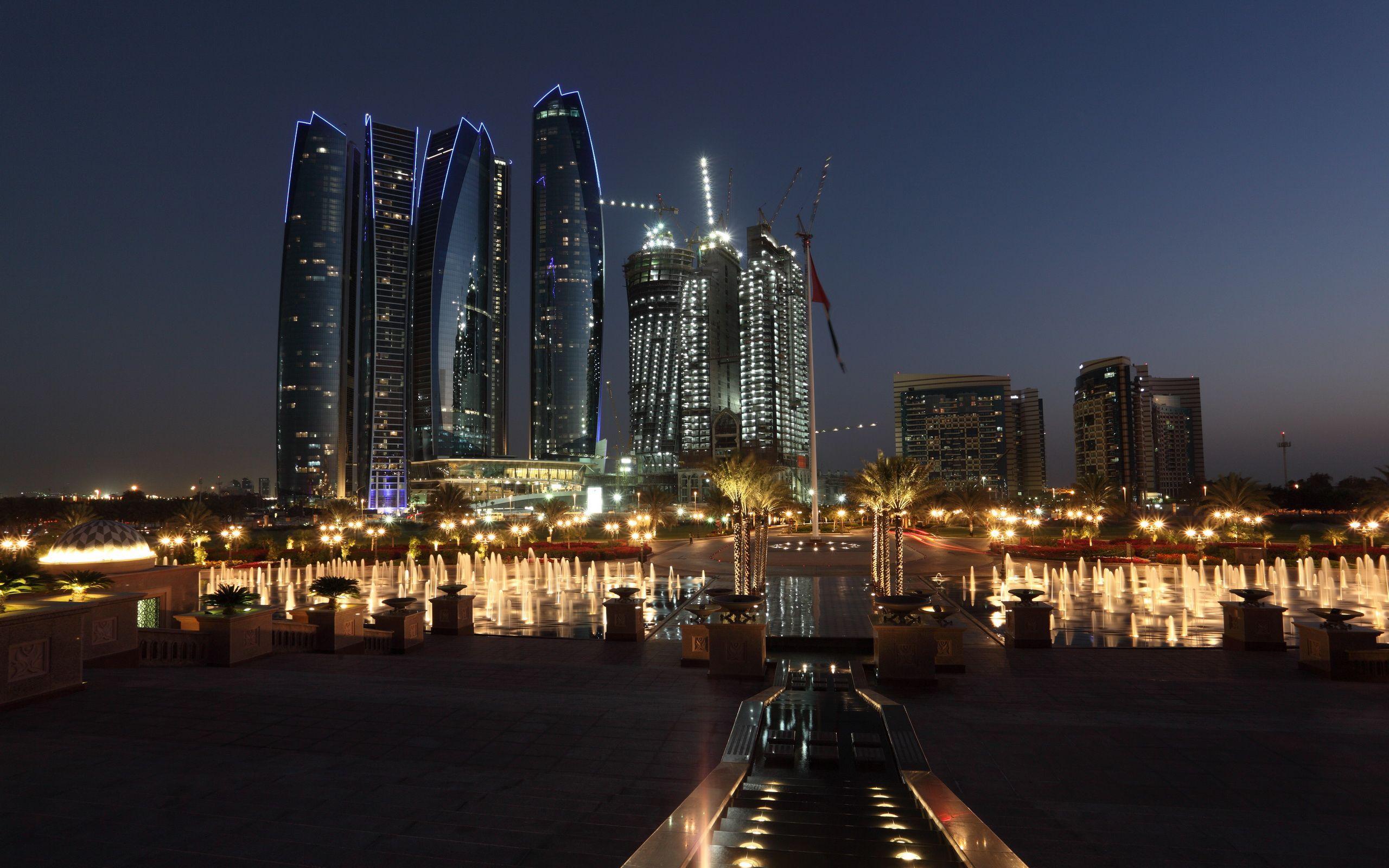 Etihad Towers, Abu Dhabi, Nacht, Skyline, Lichter, 2K, Desktop-Hintergrund für Windows