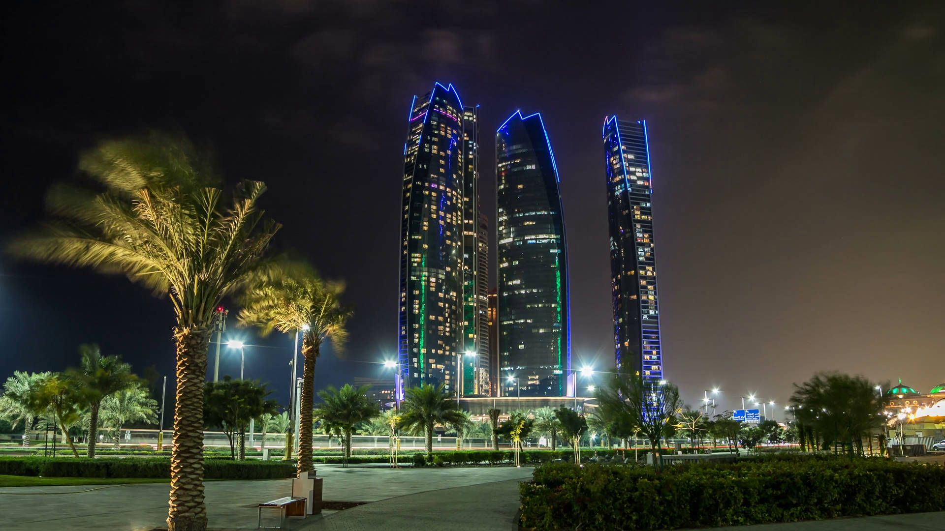 Etihad Towers, Abu Dhabi, Nacht, Palmen, Park, 1920x1080, Full-HD-Hintergrundbild für PC