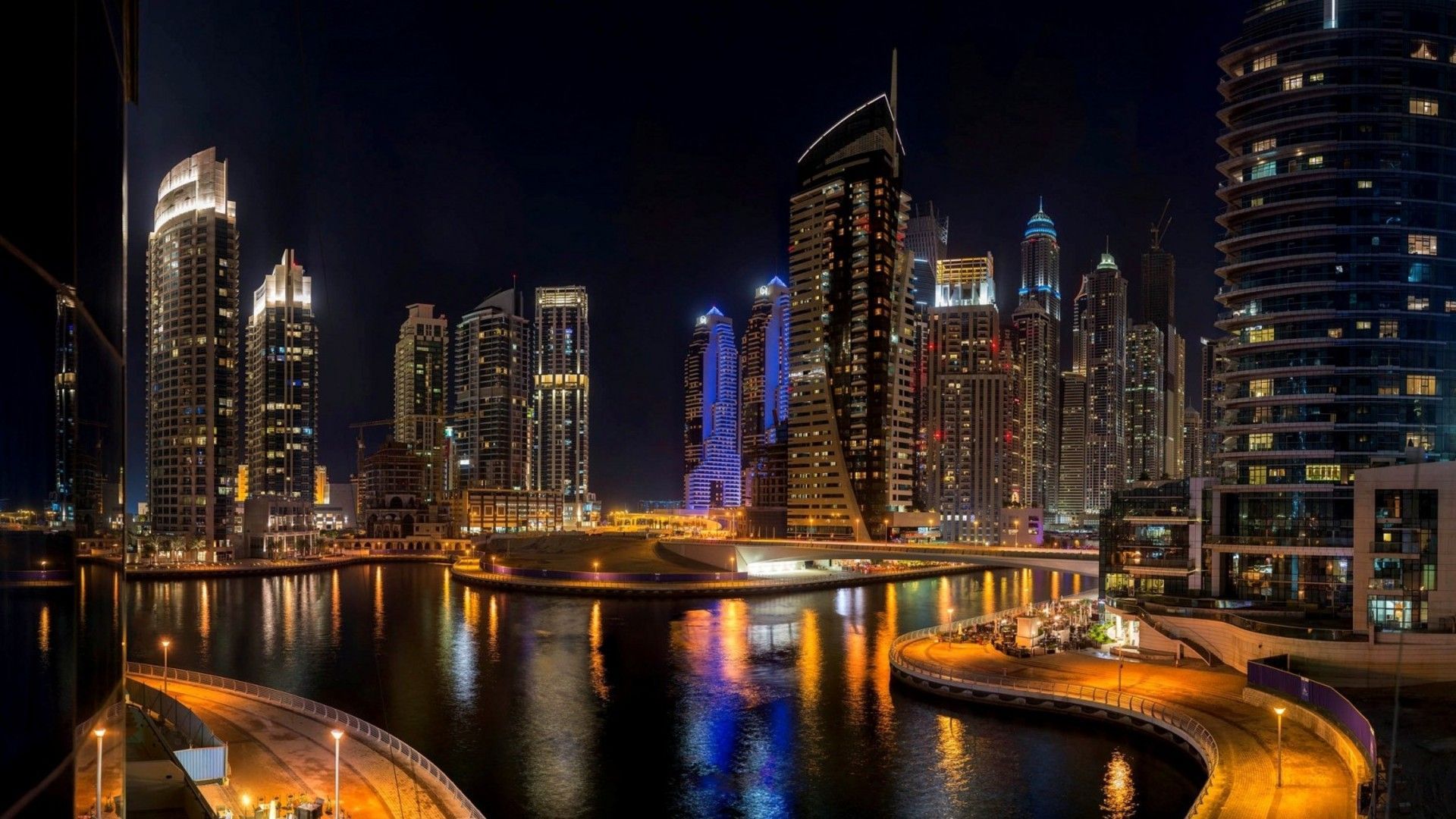 Dubai Marina, Dubai, Nacht, Wolkenkratzer, Spiegelung, Full HD, Desktop-Hintergrund für Windows