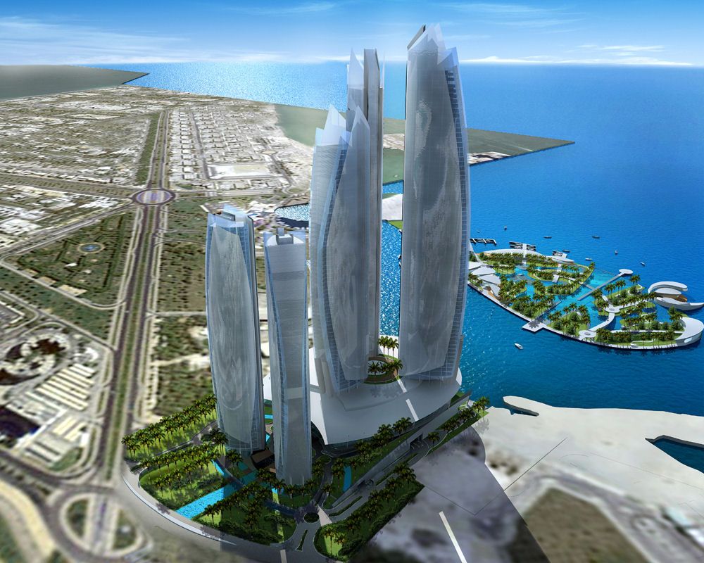 Etihad Towers, Abu Dhabi, Luftaufnahme, Architektur-Rendering, Küste, Hintergrundbild