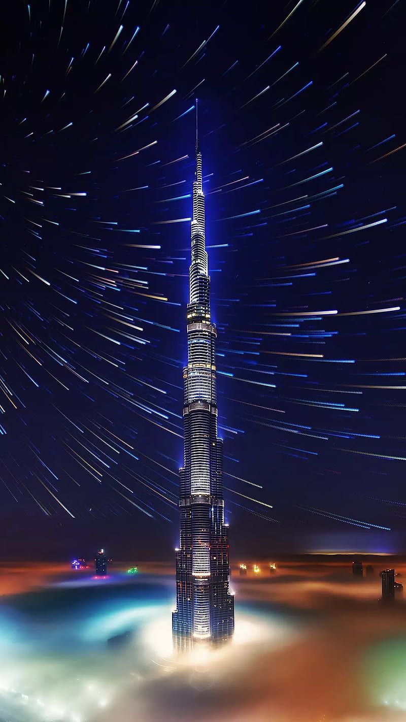 Burj Khalifa, Dubai, Sternspuren, Nacht, Langzeitbelichtung, HD, Handy-Hintergrund