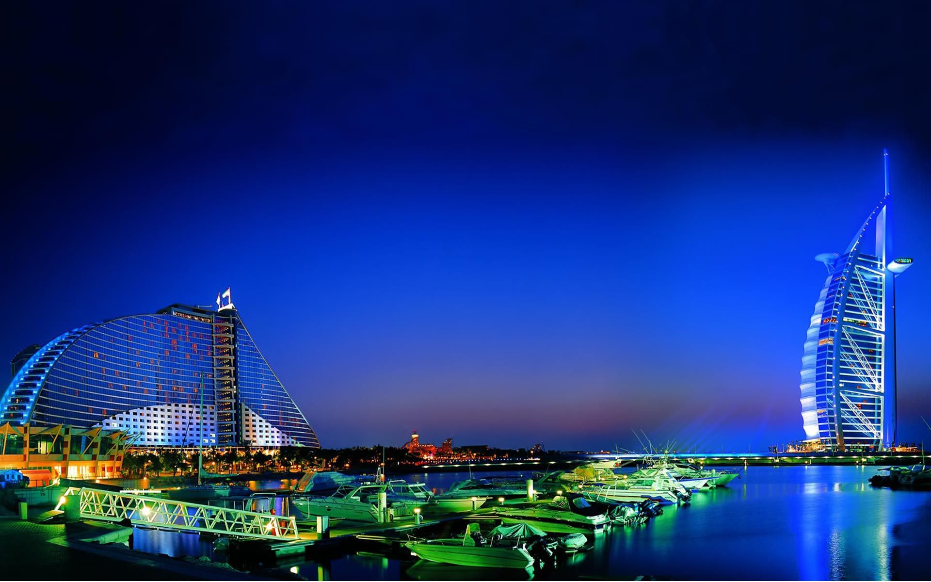 Burj Al Arab, Jumeirah Beach Hotel, Dubai, Nacht, Blauer Himmel, Full-HD-Hintergrundbild für PC