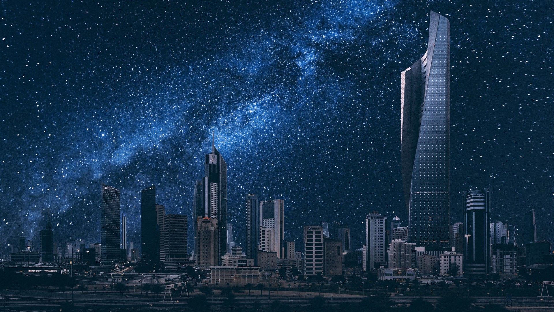 Kuwait-Stadt, Al Hamra Tower, Skyline, Sternenhimmel, Milchstraße, Full HD, Desktop-Hintergrund