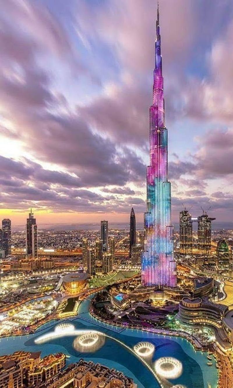 Burj Khalifa, Dubai, Beleuchtung, Wolken, Dämmerung, HD, Sperrbildschirm fürs iPhone