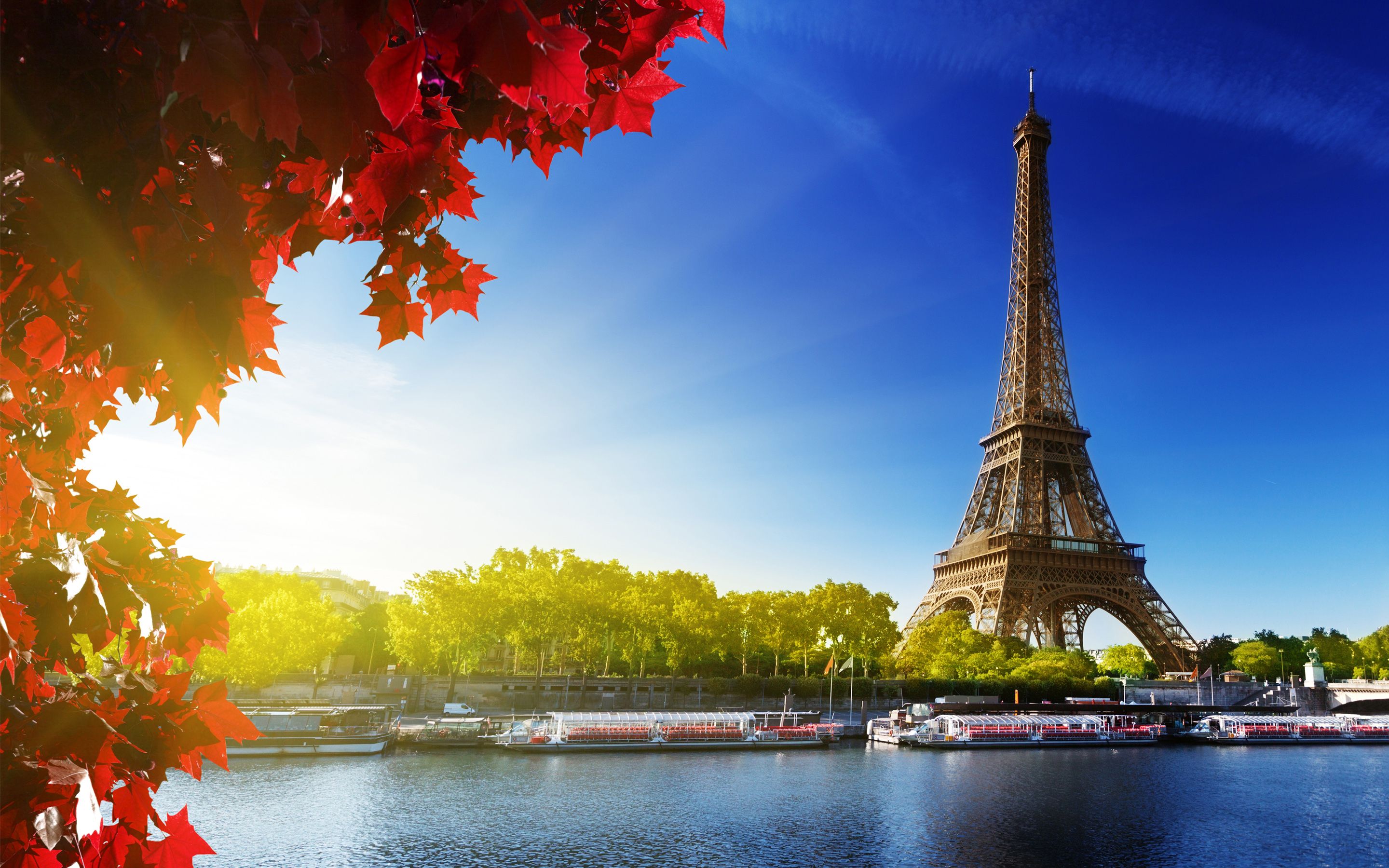 Eiffelturm, Paris, Seine, Rotes Laub, Blauer Himmel, 2K, Hintergrund für den Desktop
