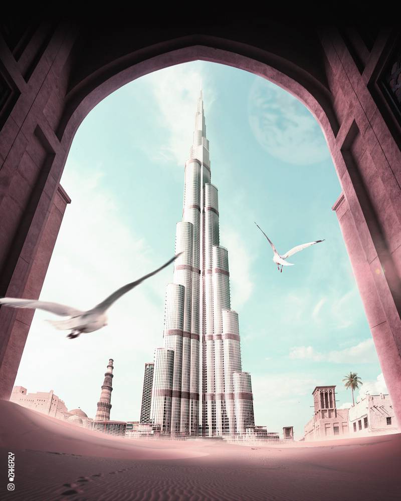 Burj Khalifa, Dubai, Torbogen, Möwen, Froschperspektive, HD, iPad-Hintergrundbild