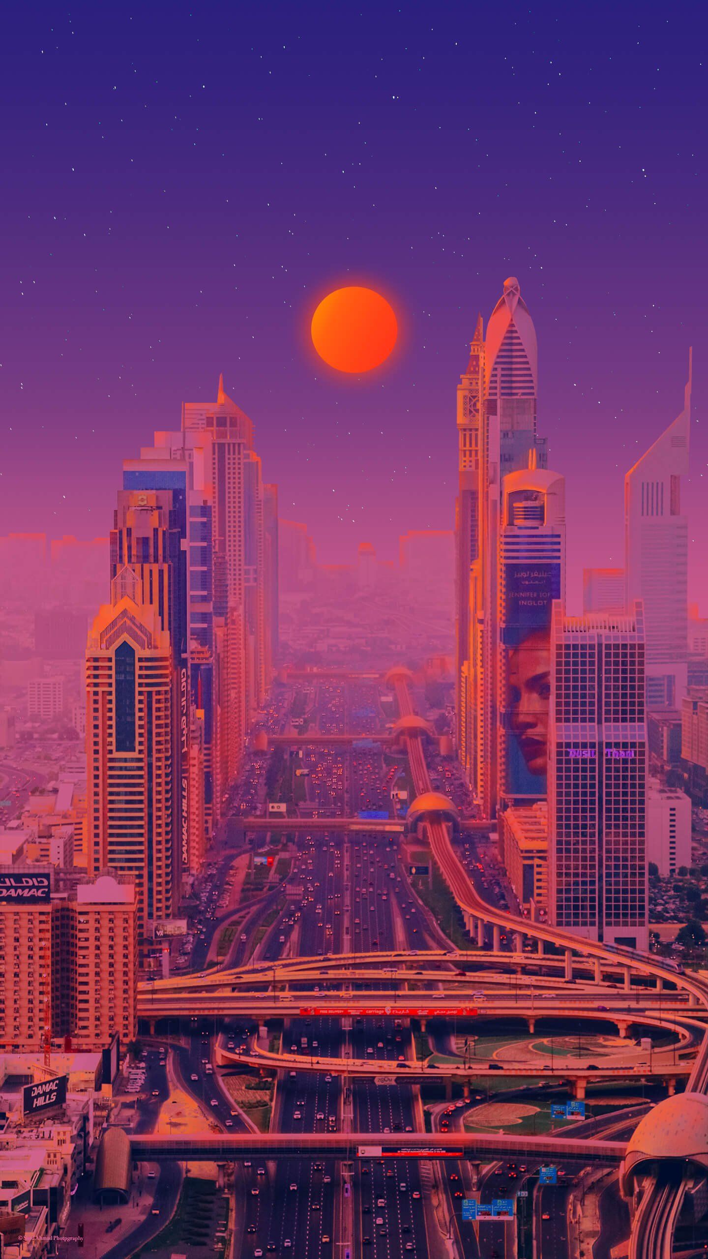 Futuristische Stadt, Rote Sonne, Lila, Digitale Kunst, QHD+, Hintergrundbild fürs Handy
