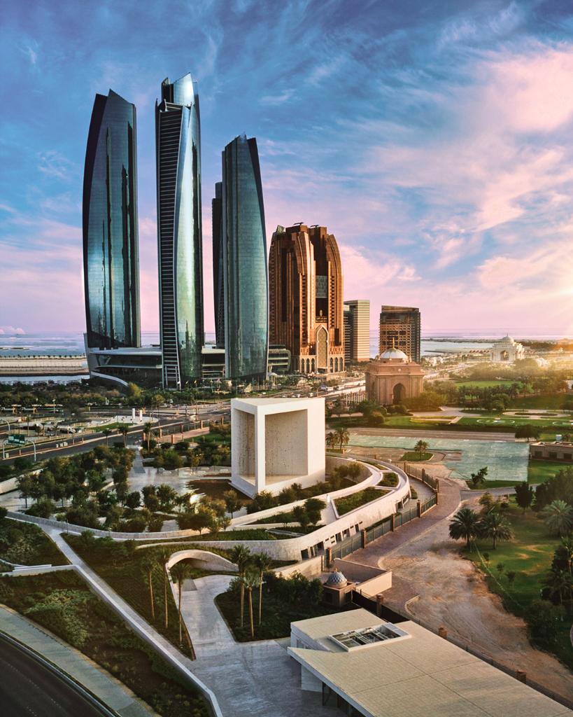Etihad Towers, Abu Dhabi, Luftaufnahme, Park, Wolken, HD, Hintergrundbild fürs Tablet
