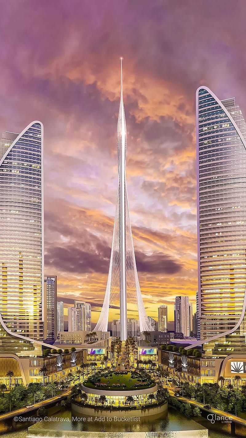 Dubai Creek Tower, Dubai, Rendering, Sonnenuntergang, Wolkenkratzer, HD, Handy-Hintergrundbild