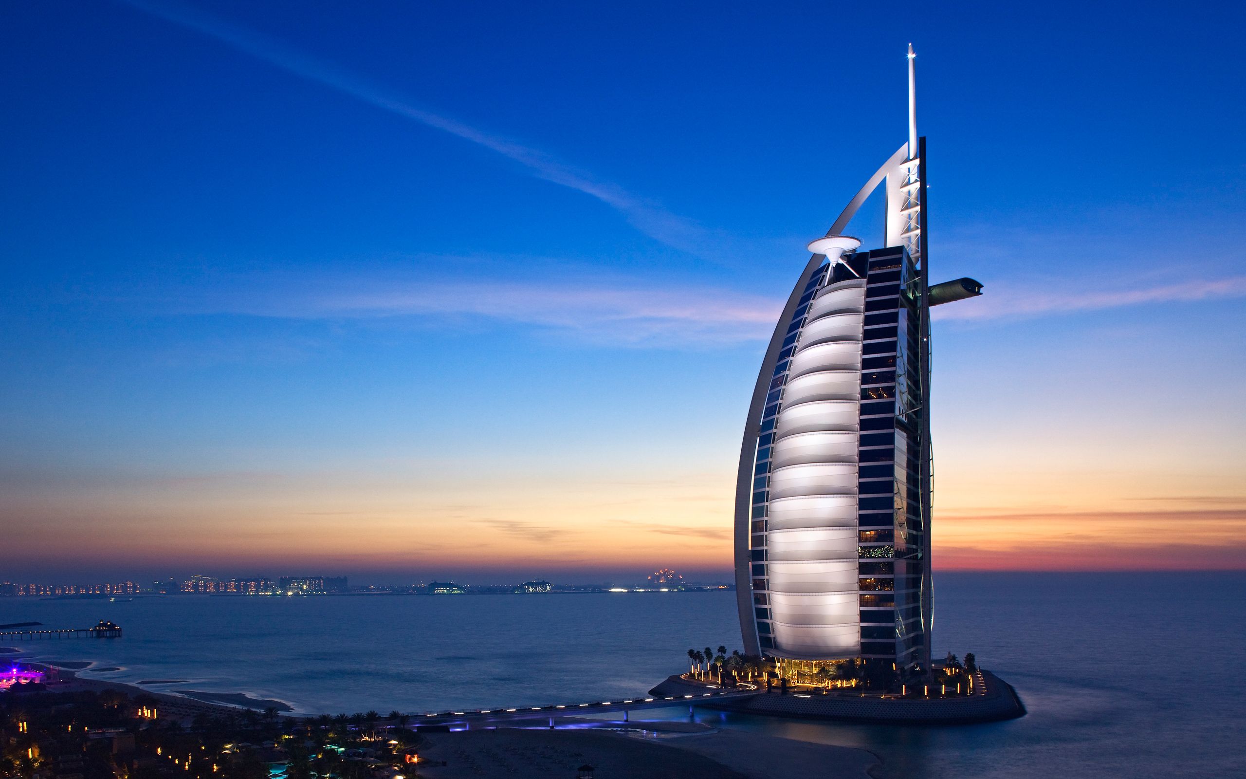 Burj Al Arab, Dubai, Dämmerung, Meer, Luxushotel, 16:10, 2K-Hintergrundbild für den Desktop