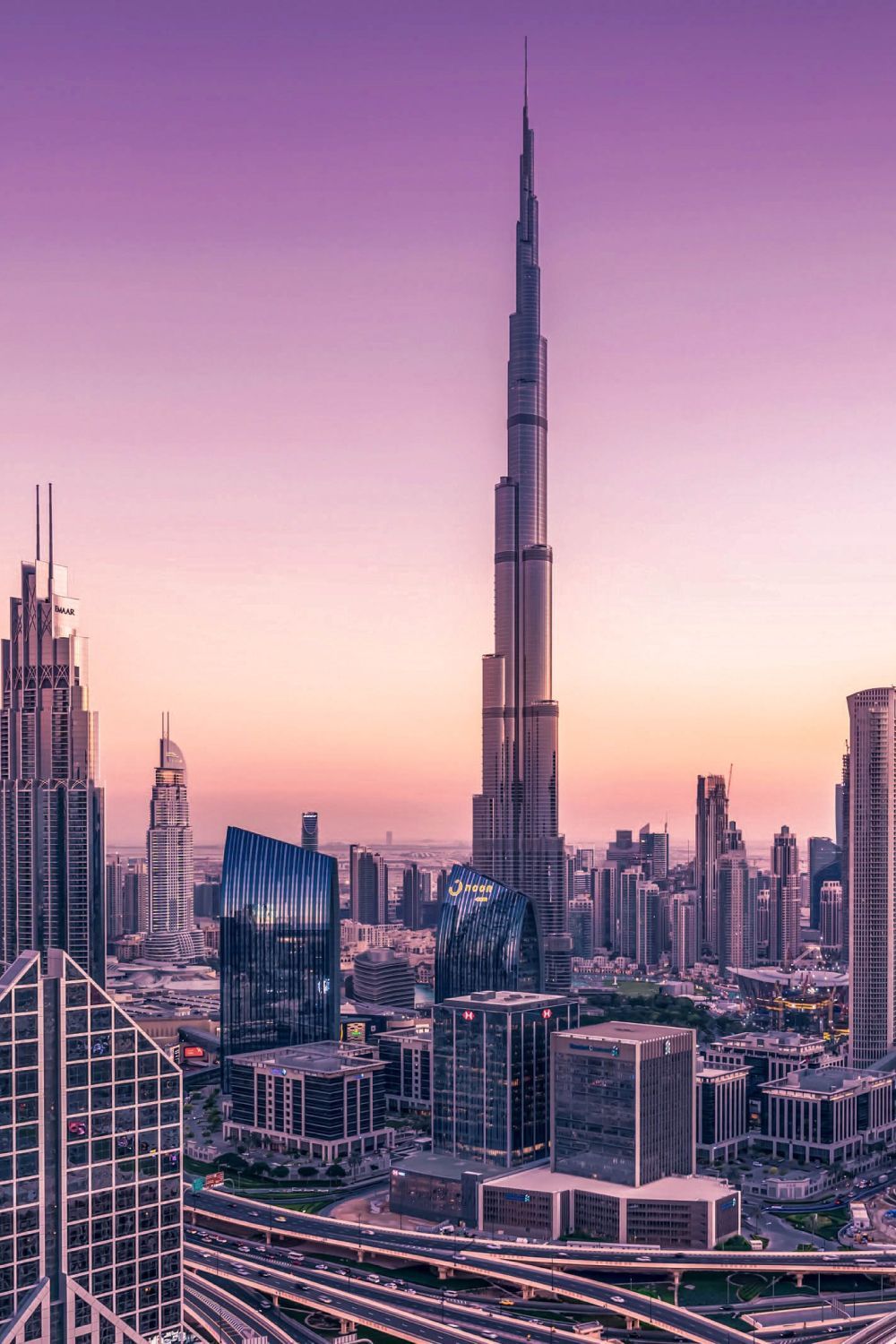 Burj Khalifa, Dubai, Skyline, Lila Himmel, Dämmerung, HD, Handy-Hintergrund im Hochformat