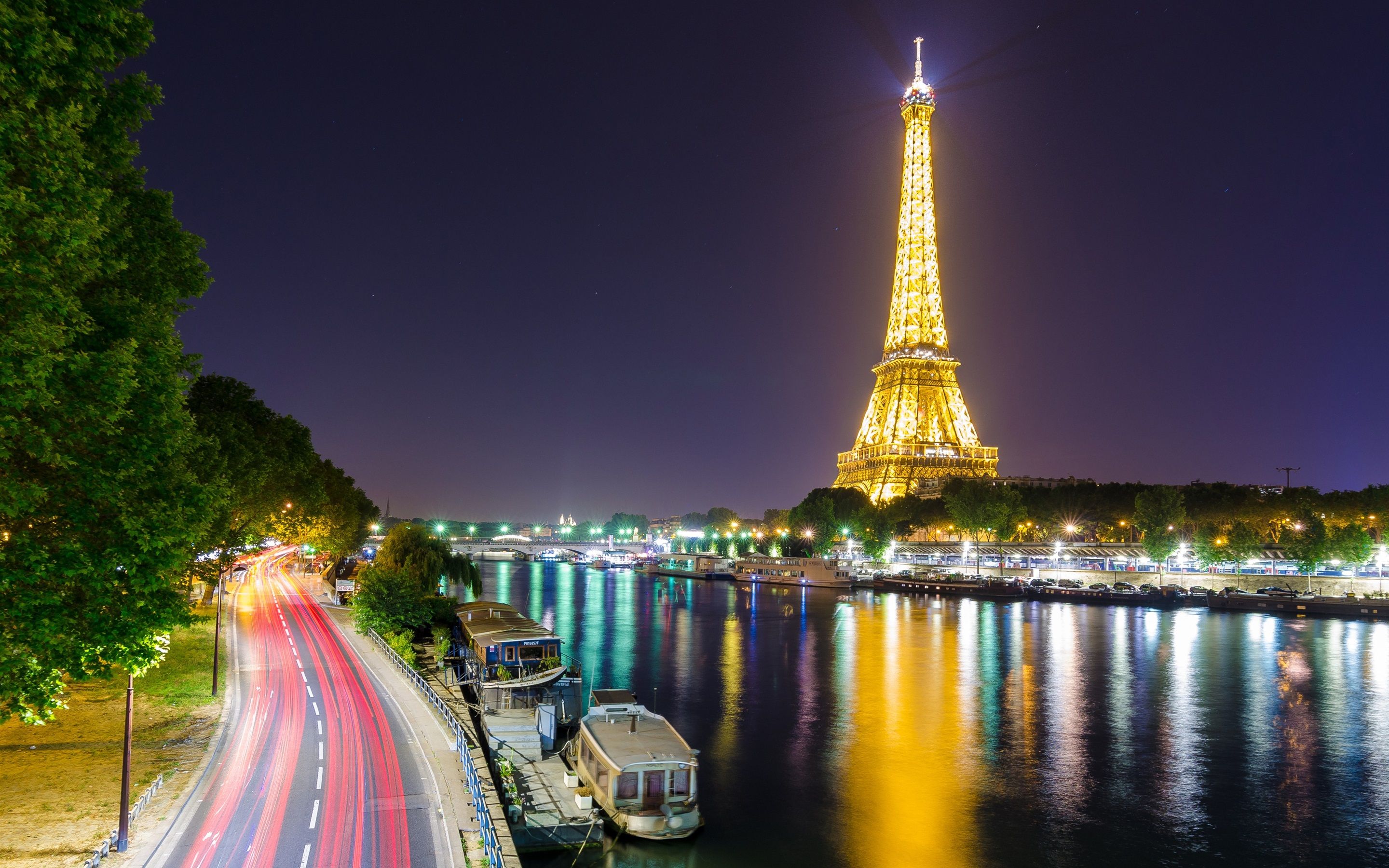 Eiffelturm, Paris, Seine, Nacht, Lichtspuren, 2K, Hintergrundbild für den PC