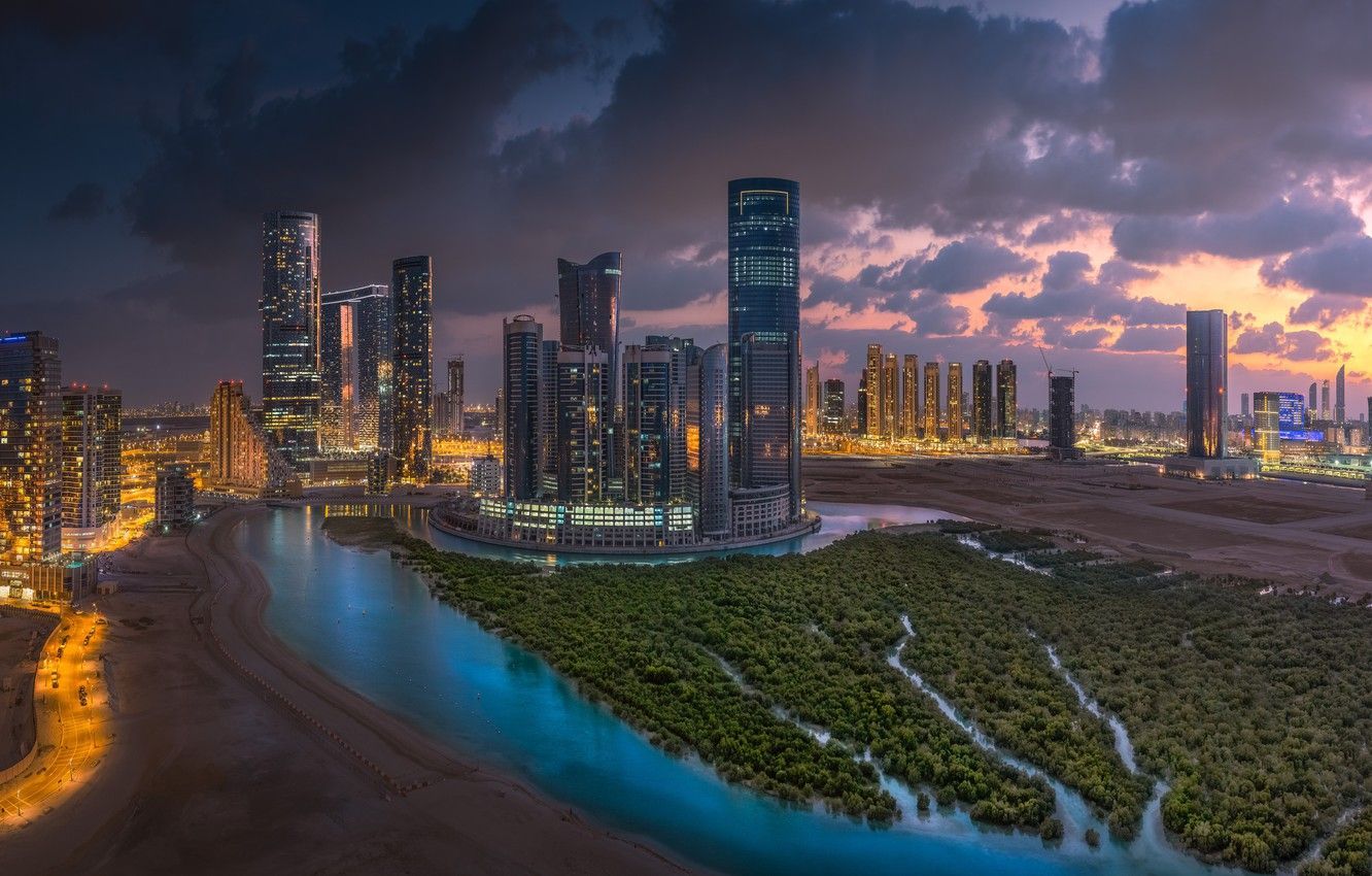 Skyline, Mangroven, Abenddämmerung, Luftaufnahme, Wasser, HD-Hintergrundbild für PC