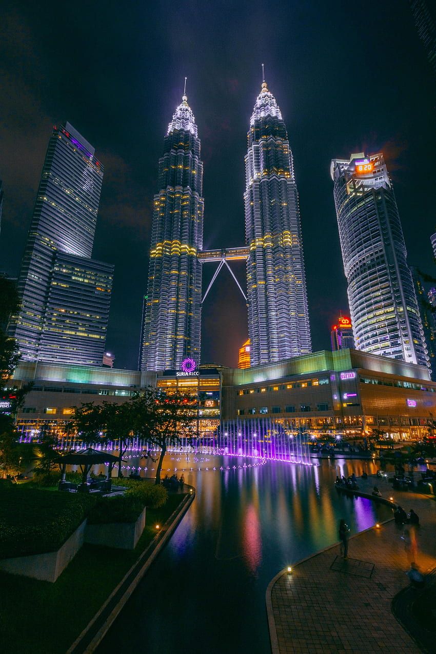 Petronas Towers, Kuala Lumpur, Malaysia, Nacht, Beleuchtung, HD, Handy-Hintergrund