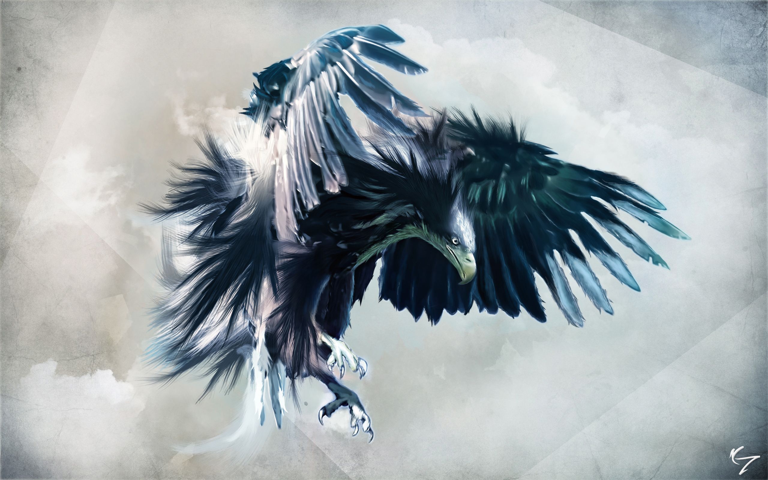Adler, Digitale Kunst, Ausgebreitete Flügel, Schwarz-Weiß, Nebel, 2K, Laptop-Hintergrundbild