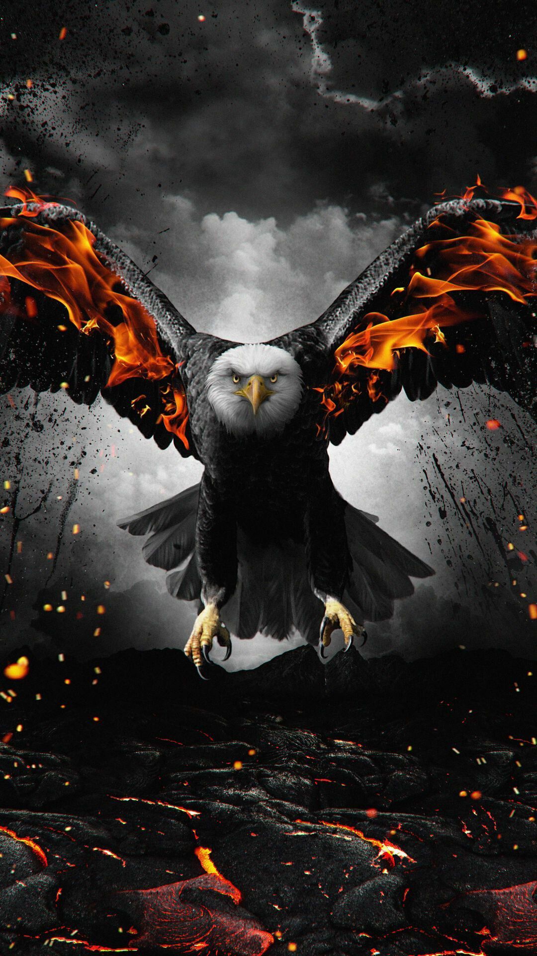 Adler, Feuer, Flammen, Digitale Kunst, Dunkel, Full HD, Handy-Hintergrund im Hochformat