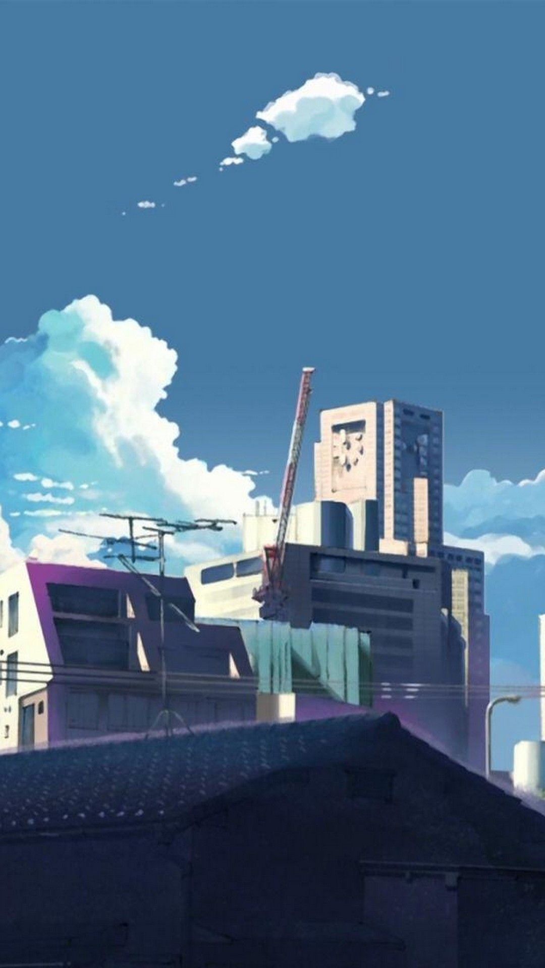 Anime-Stadt, Gebäude, Wolken, Blauer Himmel, Illustration, Full HD, Handy-Hintergrundbild