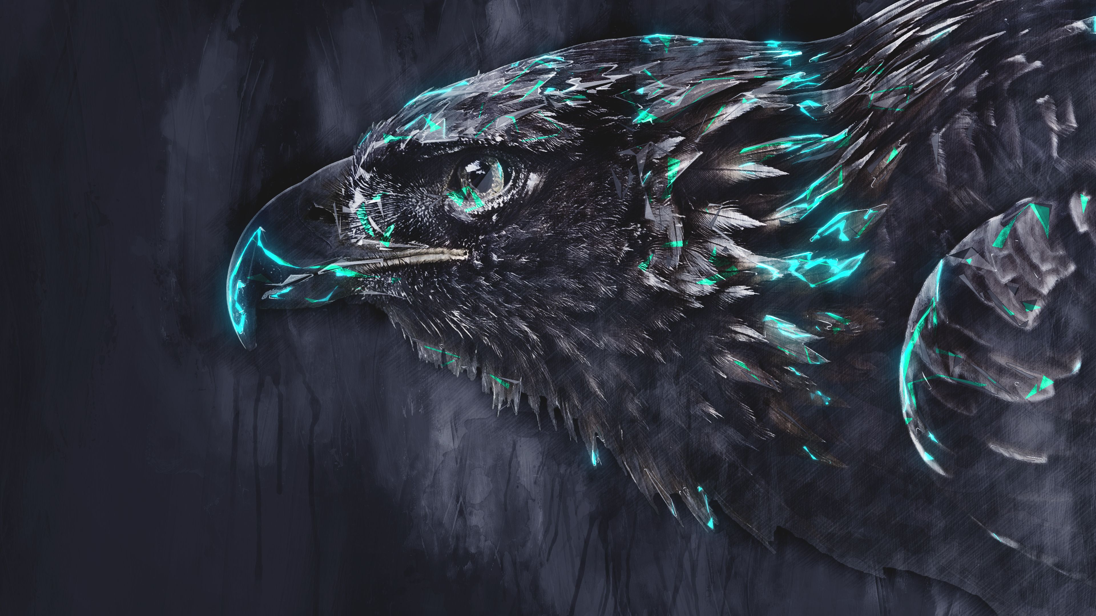 Adler, Gemälde, Türkise Akzente, Dunkel, Kunst, 4K, Hintergrund für den Desktop